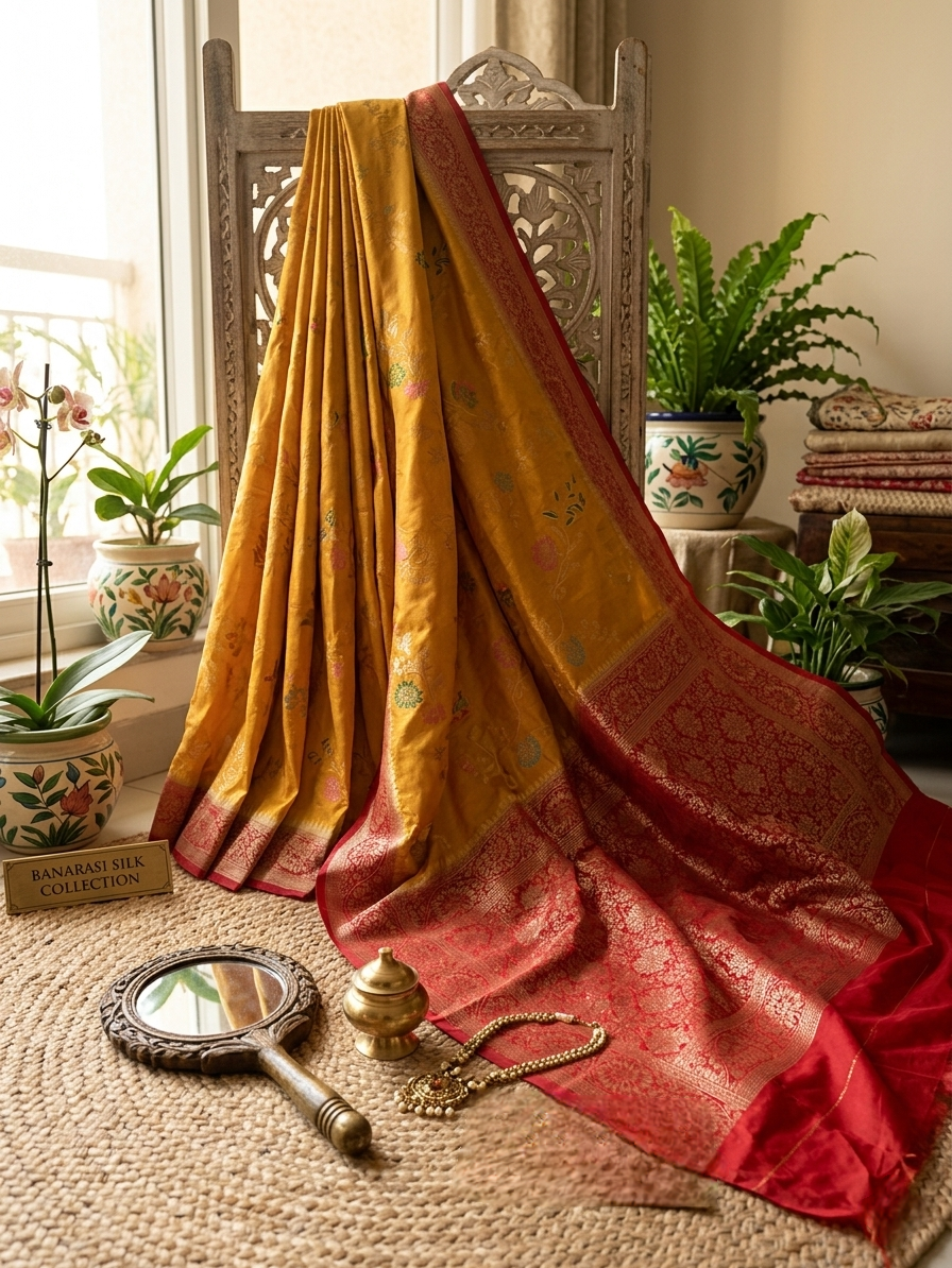 Mustard yellow Banarasi Silk Saree