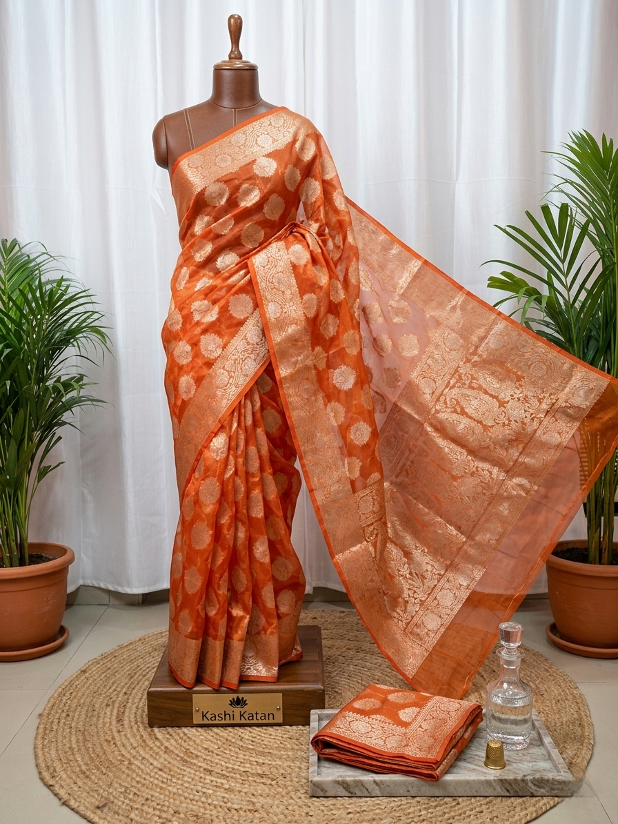 Orange Kora Banarasi Silk Saree