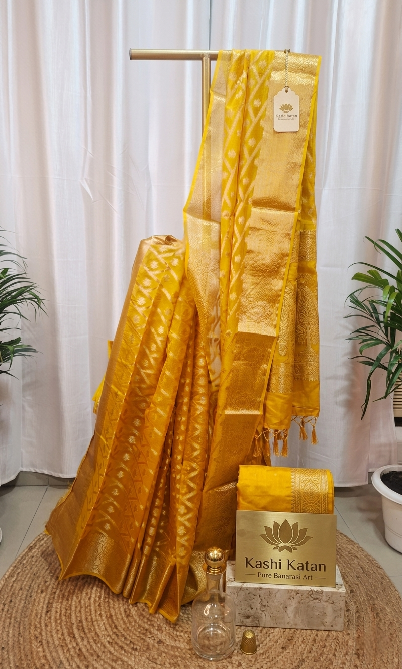 Yellow Kora Silk Banarasi Saree