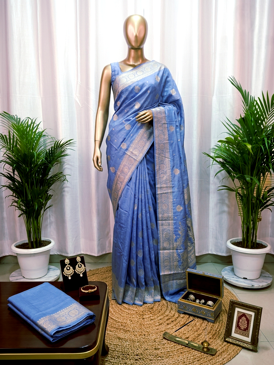 Powder Blue Premium semi-katan silk Banarasi saree