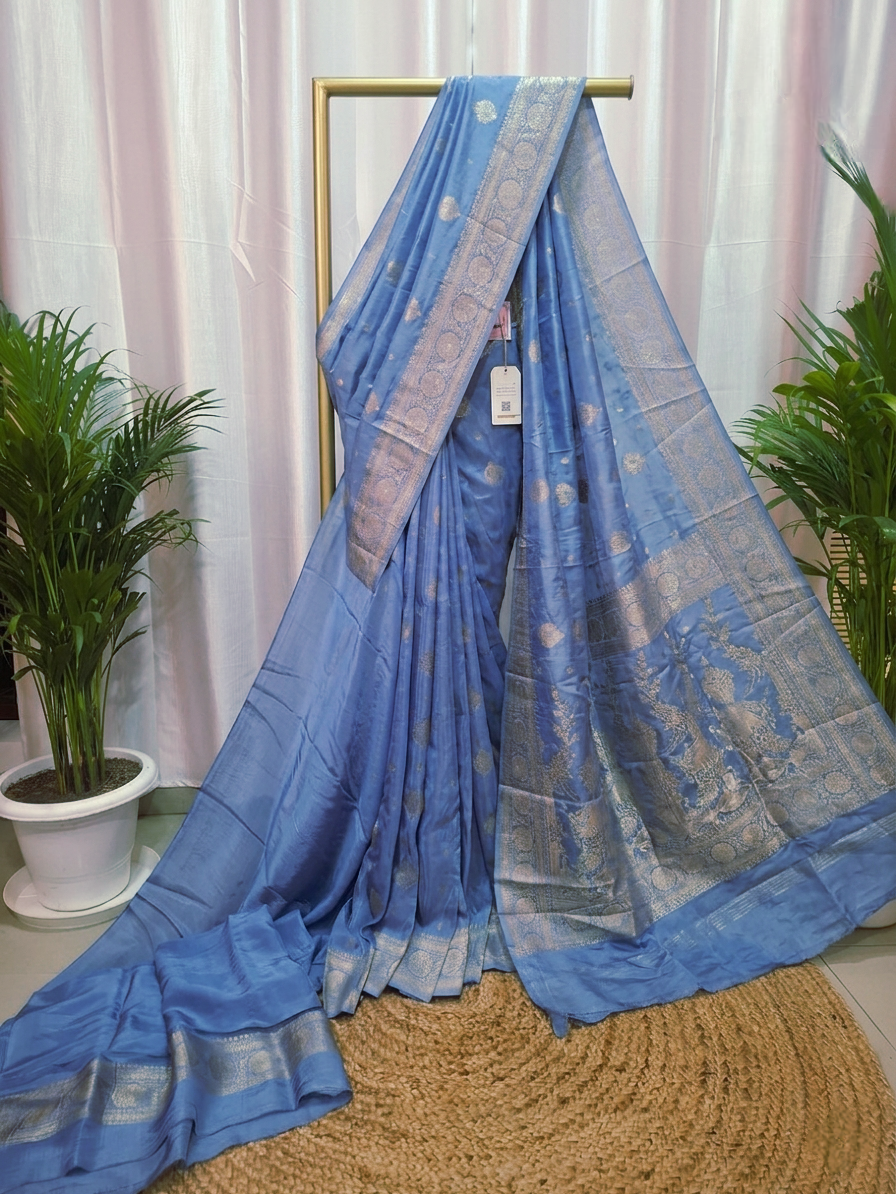 Powder Blue Premium semi-katan silk Banarasi saree