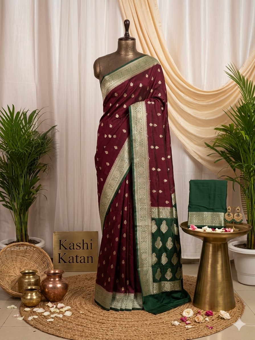 Wine-green Khaddi Georgette banarasi saree