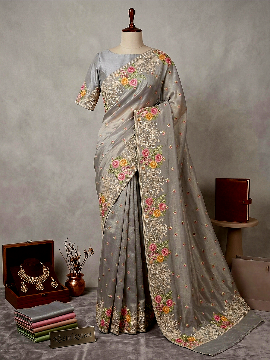 Grey Kora Tissue Banarasi silk embroidered saree