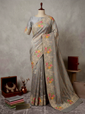 Grey Kora Tissue Banarasi silk embroidered saree