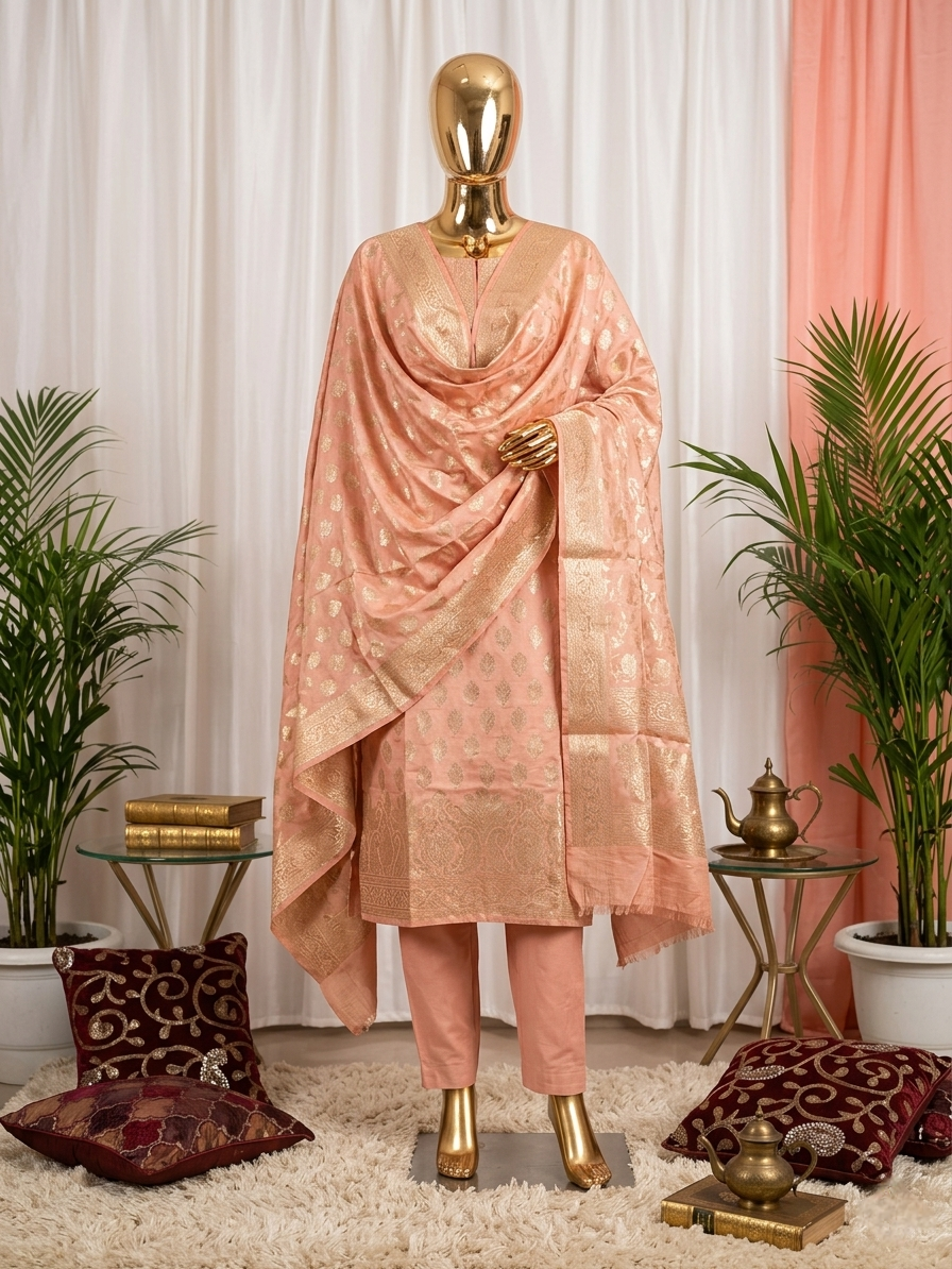 Peachish pink Banarasi silver zari dress material
