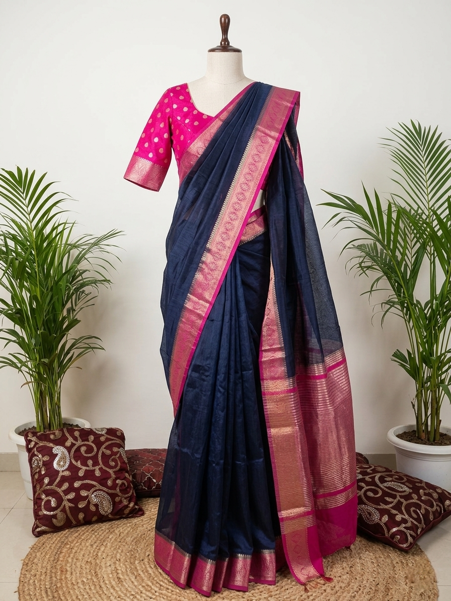 Navy Malmali banarasi silk contrast border