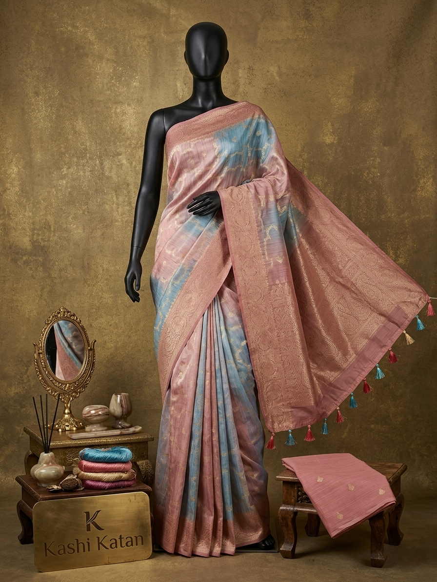 Peach blue Kora Tissue Banarasi Silk saree