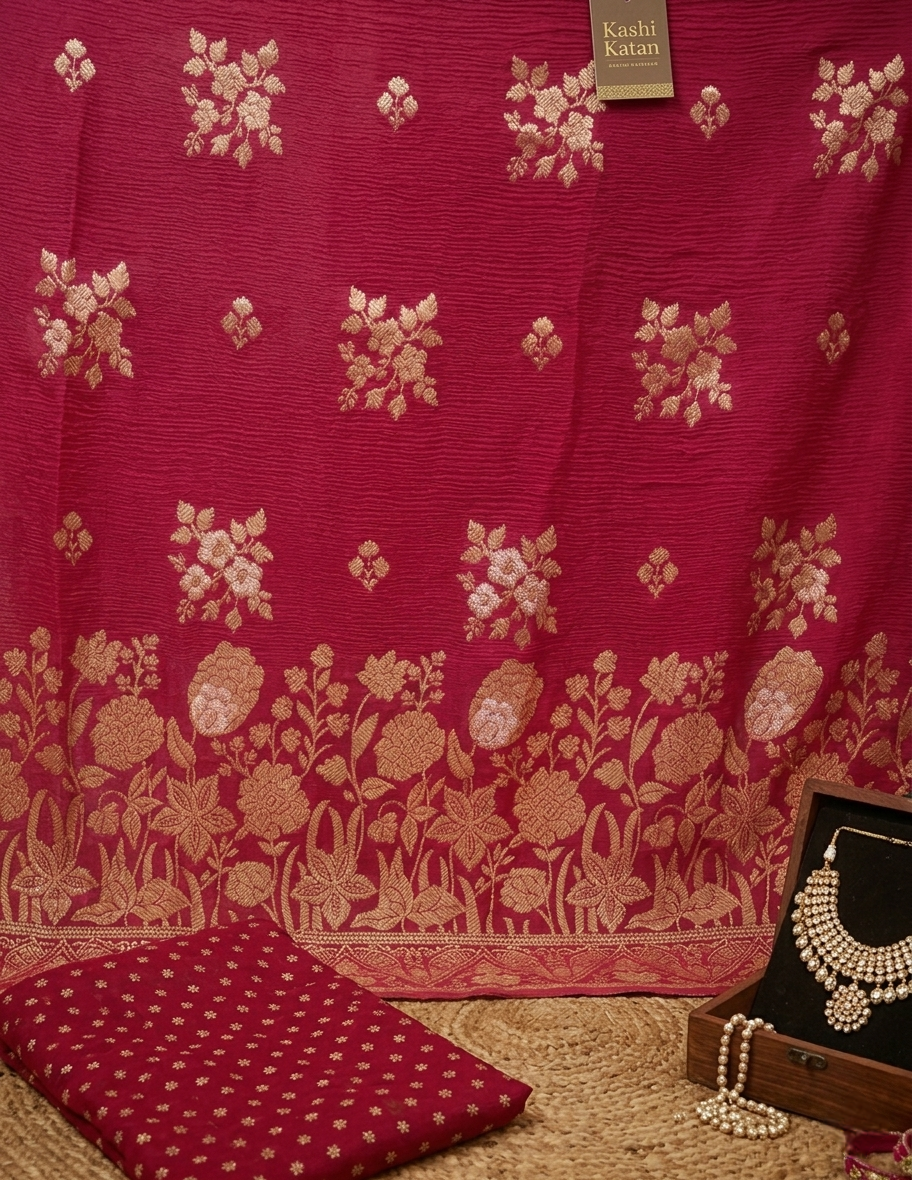 Deep red georgette Banarasi saree with zari flower and zari booti
