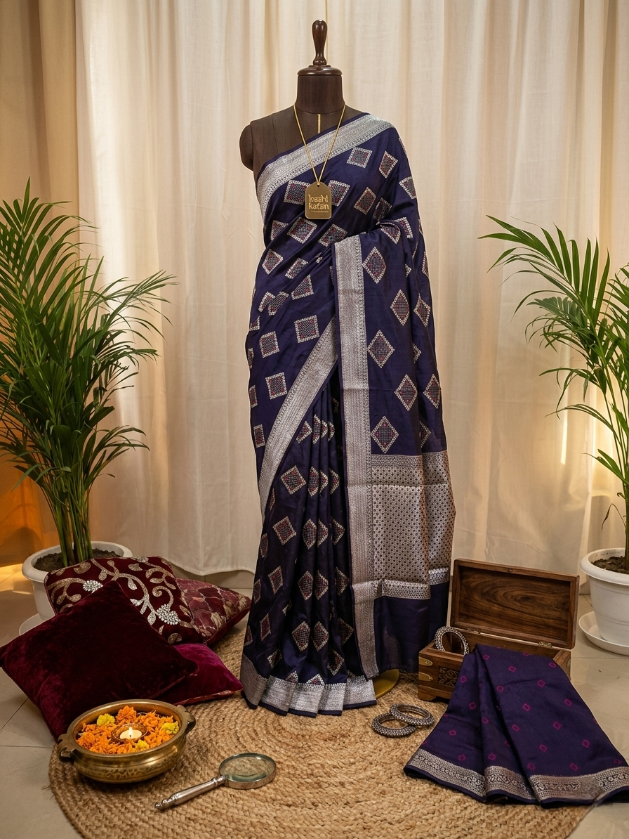 Navy blue silver zari bandhni design Banarasi silk saree