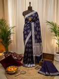 Navy blue silver zari bandhni design Banarasi silk saree