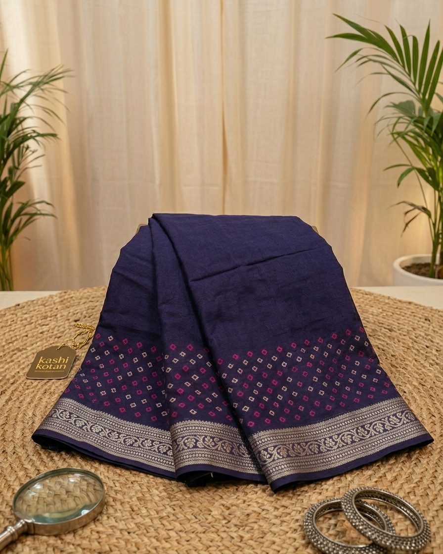 Navy blue silver zari bandhni design Banarasi silk saree