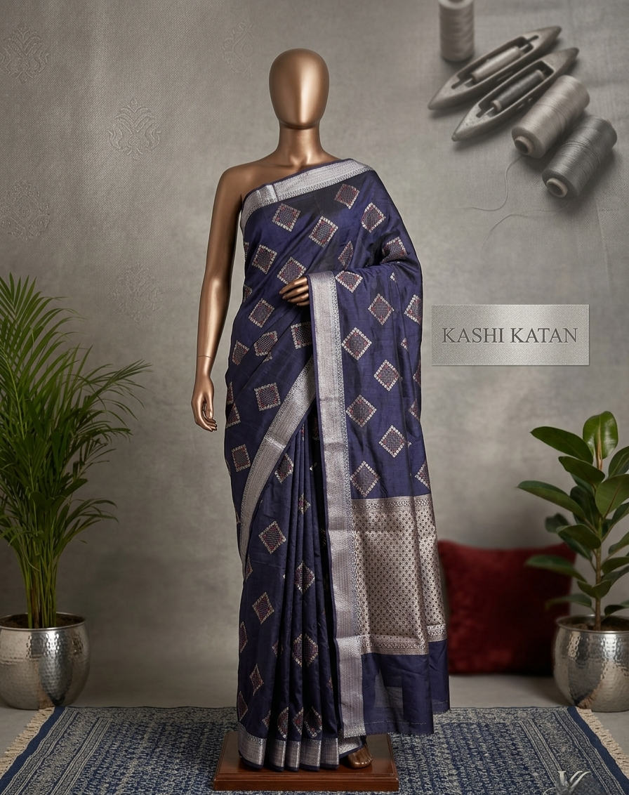 Navy blue silver zari bandhni design Banarasi silk saree