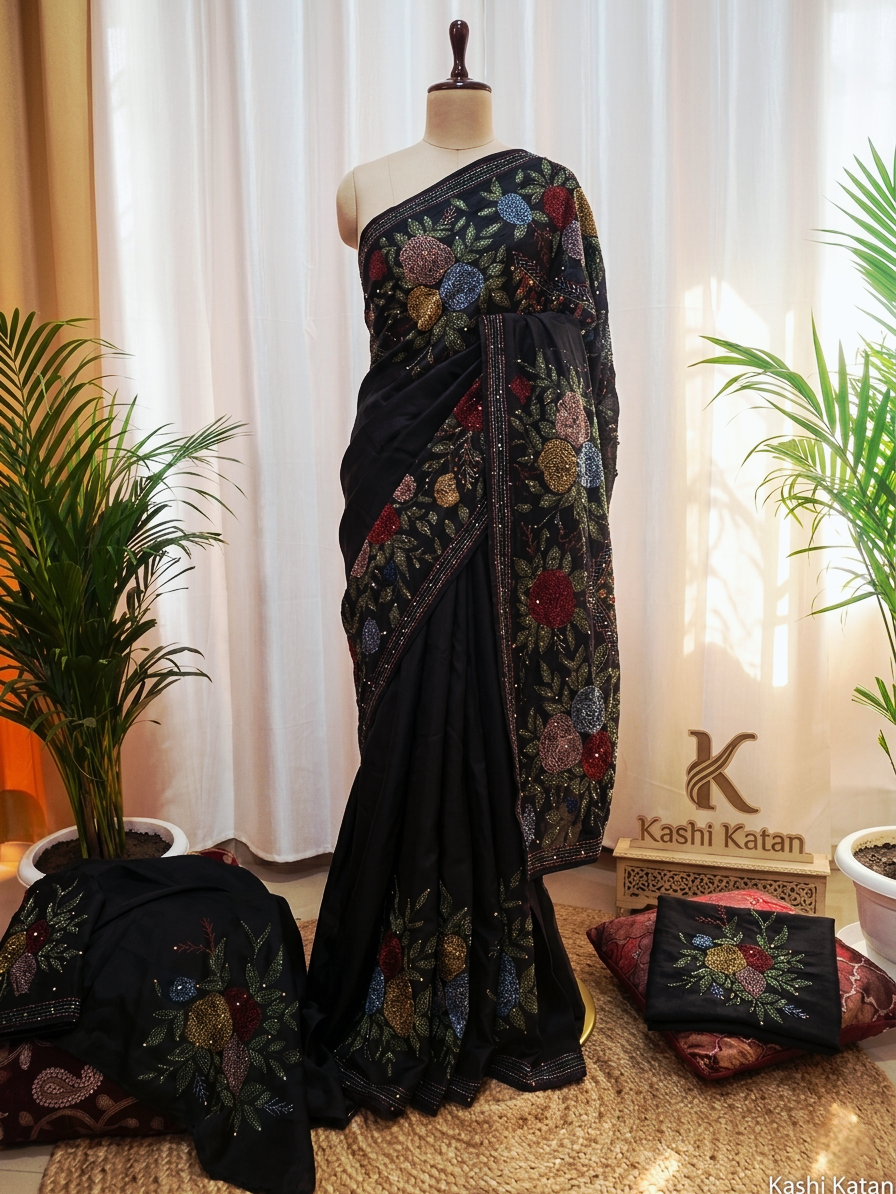 Black Pure Tussar Silk Banarasi saree with Kantha embroidery