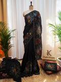 Black Pure Tussar Silk Banarasi saree with Kantha embroidery