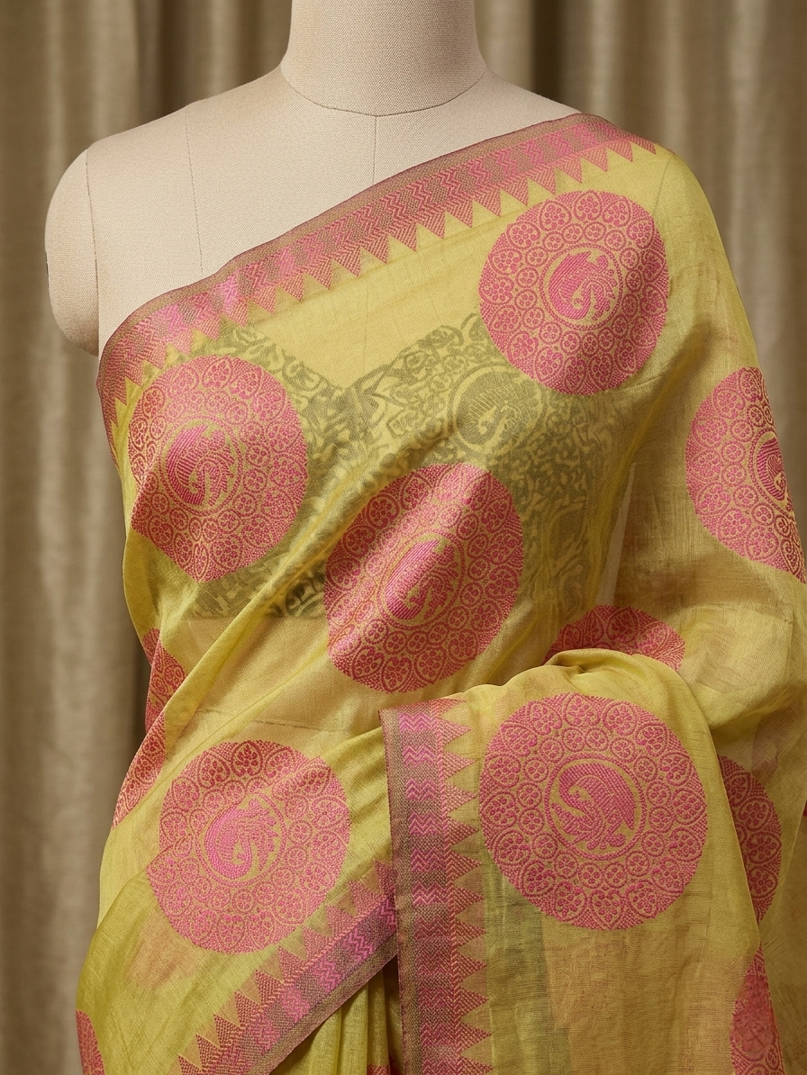 Olive yellow Gola Buta cotton silk Banarasi saree