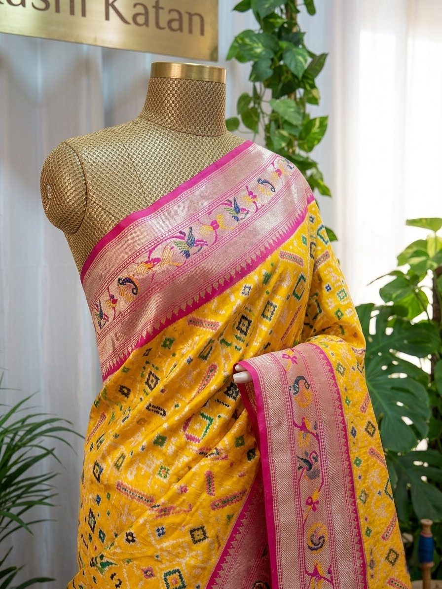 Mustard yellow patola silk saree with rani pink border