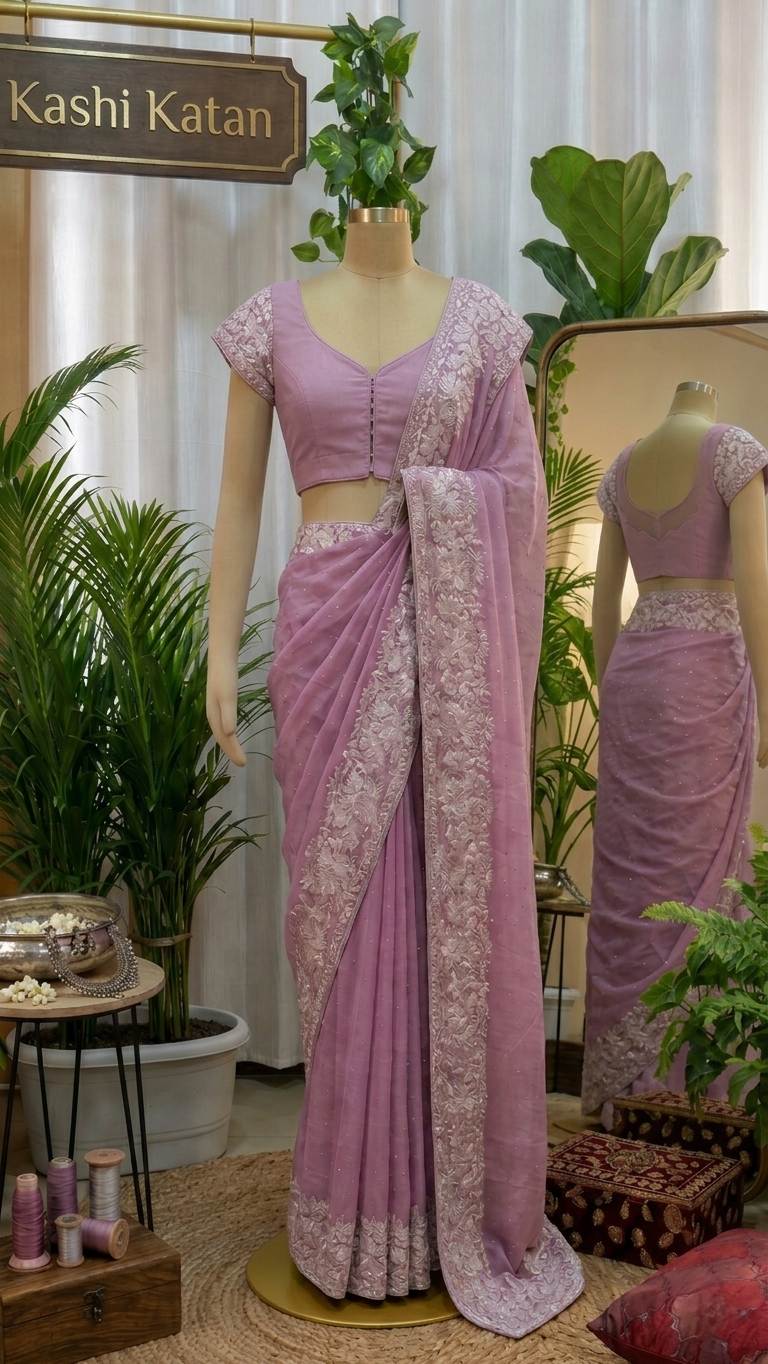 Shimmer georgette Pink Saree ready to wear with silver embroidered border