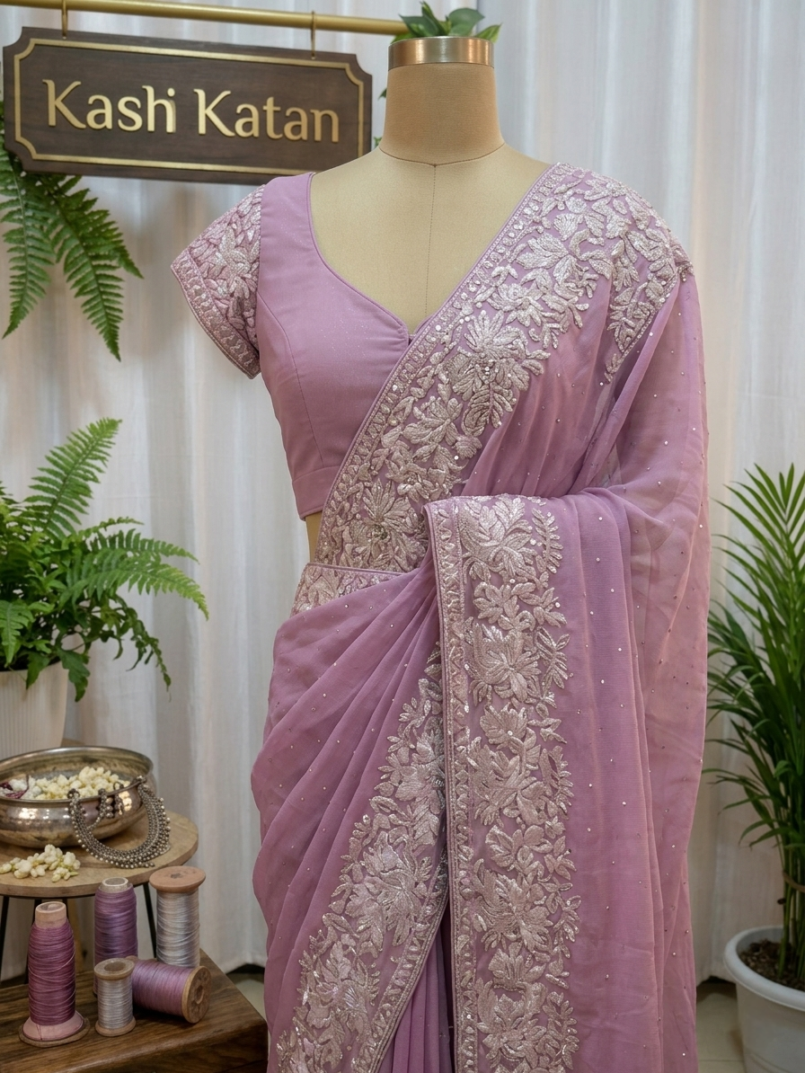 Shimmer georgette Pink Saree ready to wear with silver embroidered border
