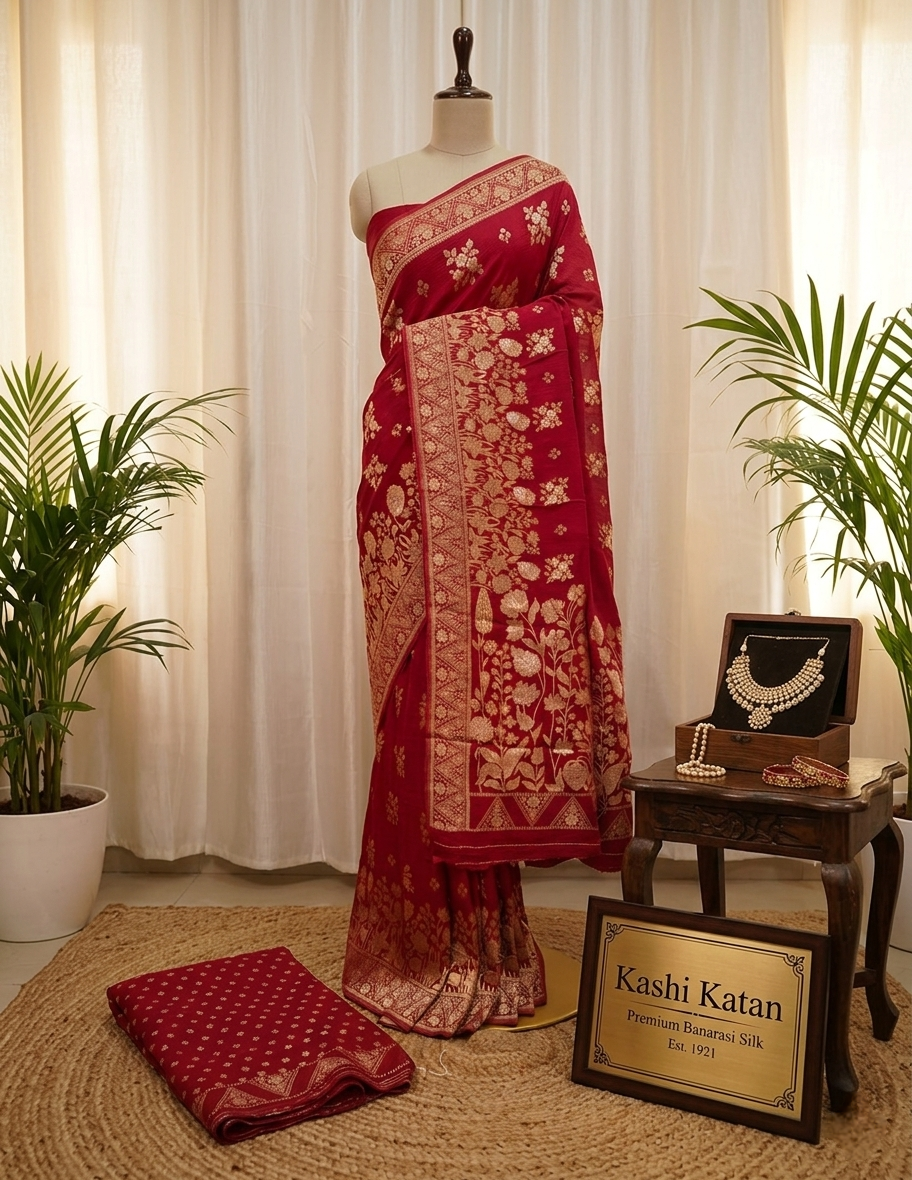 Deep red georgette Banarasi saree with zari flower and zari booti