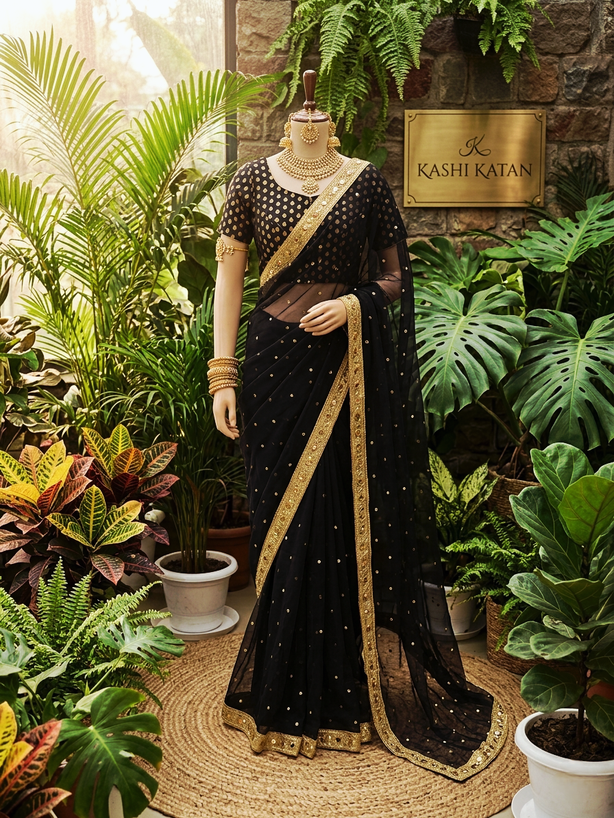 Black soft organza with golden booti ready to wear saree