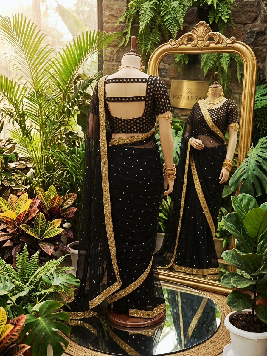 Black soft organza with golden booti ready to wear saree