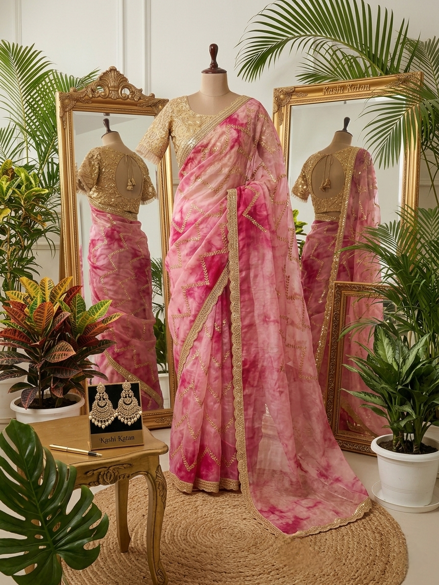 Shades of pink soft organza with gold ready to wear saree
