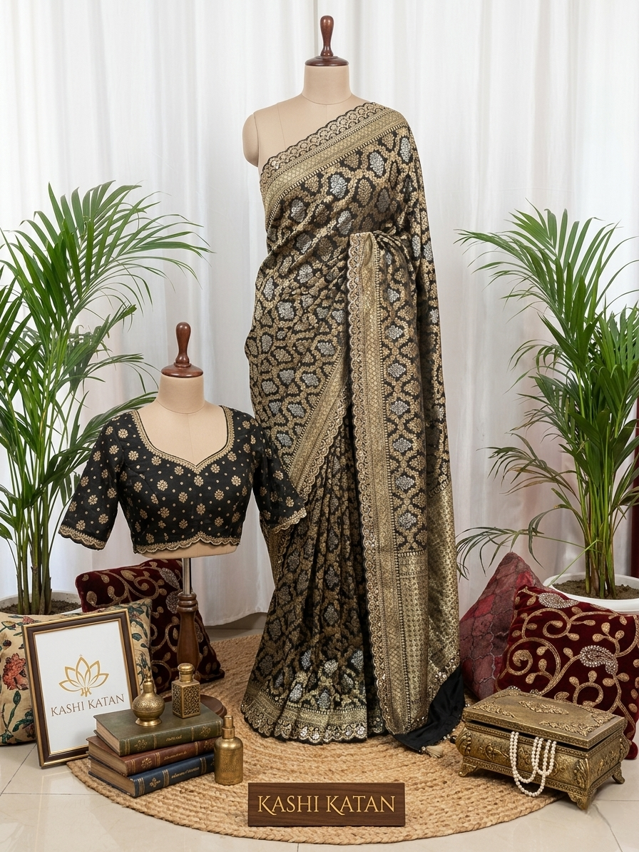 Black heavy zari Pure Khaddi Banarasi Saree