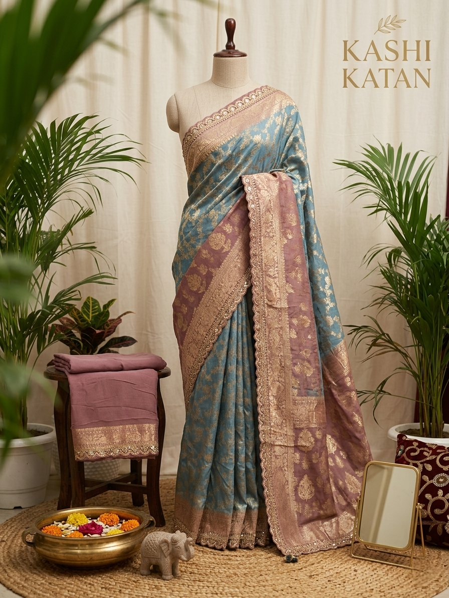 Blue and Mauve Pure Khaddi Georgette Banarasi Saree