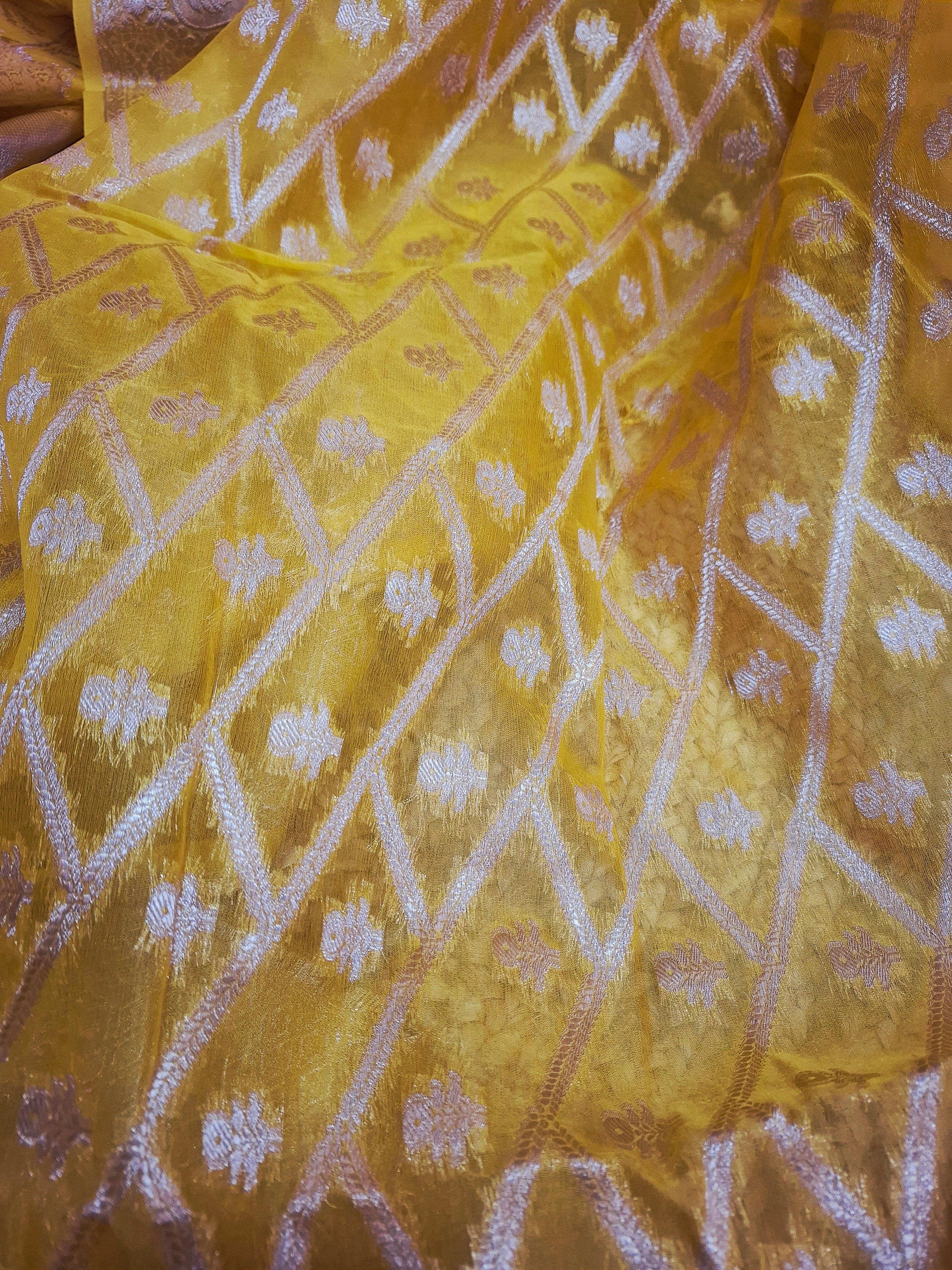 Yellow Kora Silk Banarasi Saree