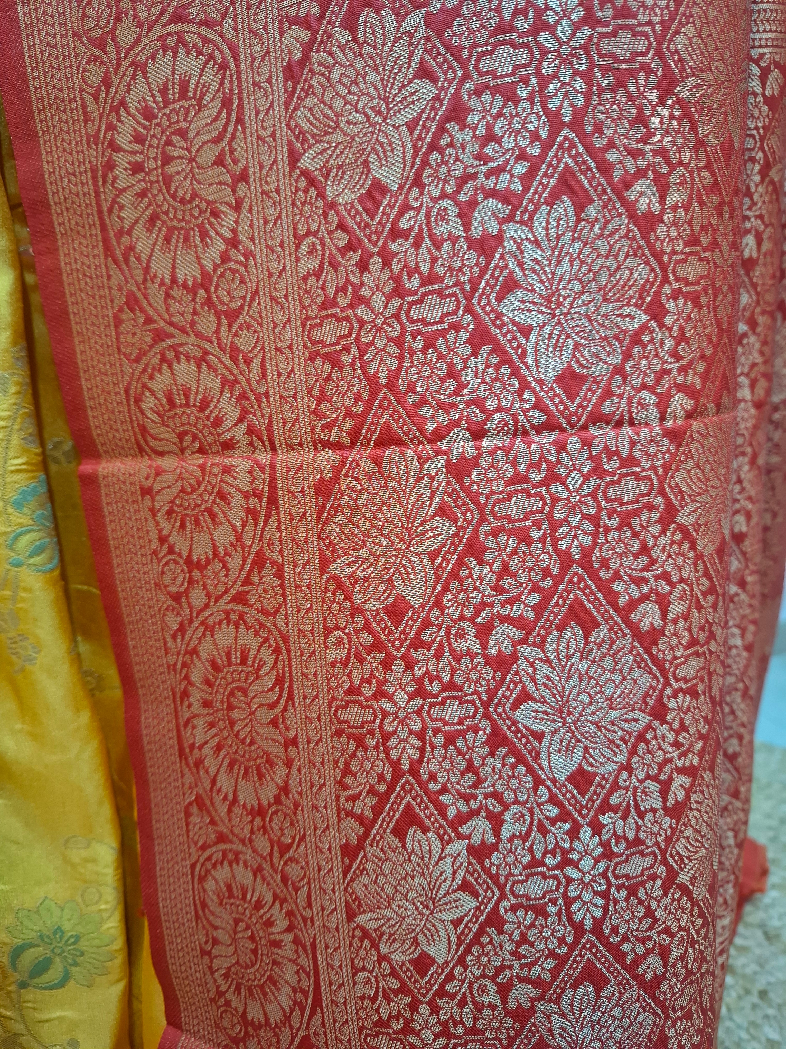 Mustard yellow Banarasi Silk Saree
