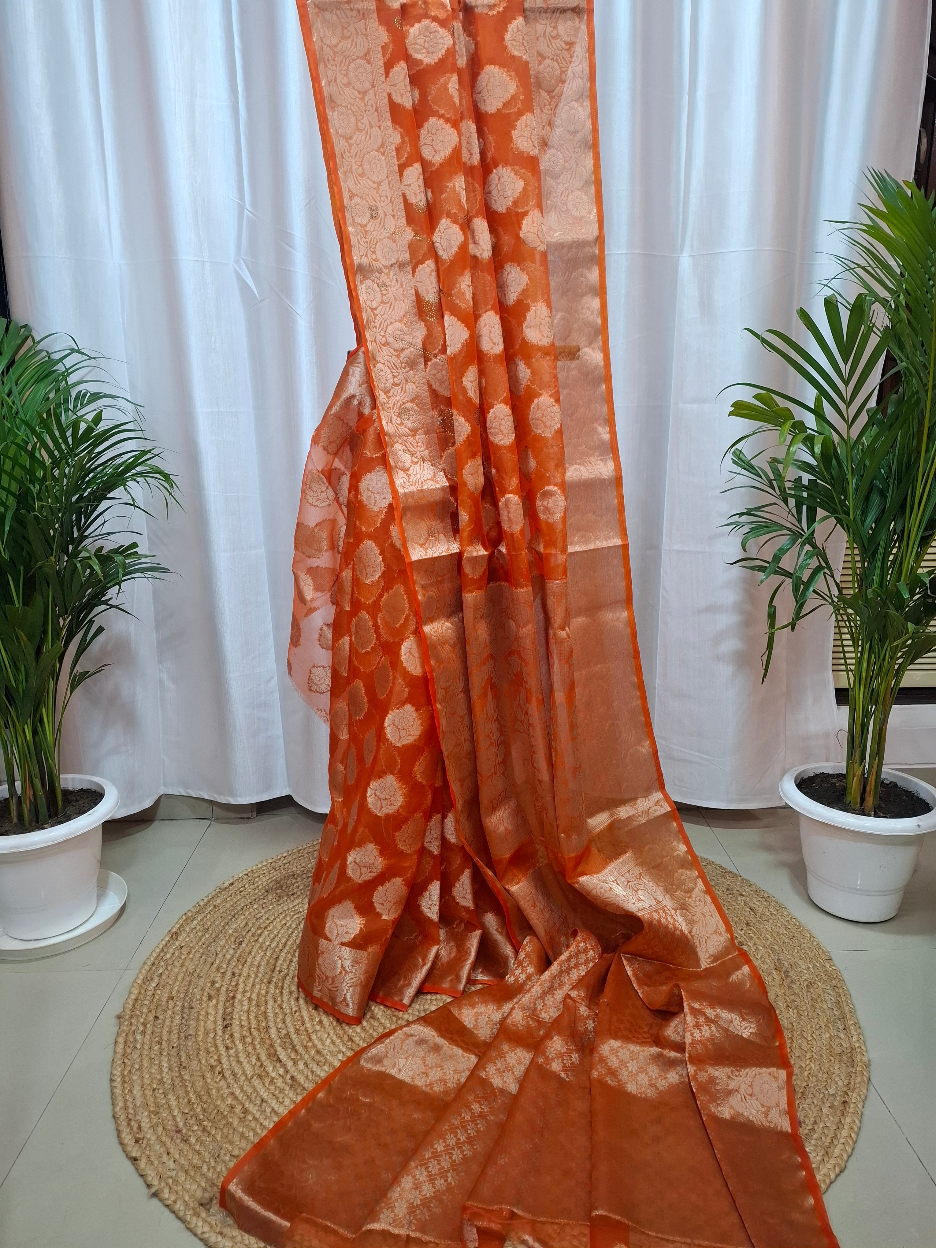 Orange Kora Banarasi Silk Saree