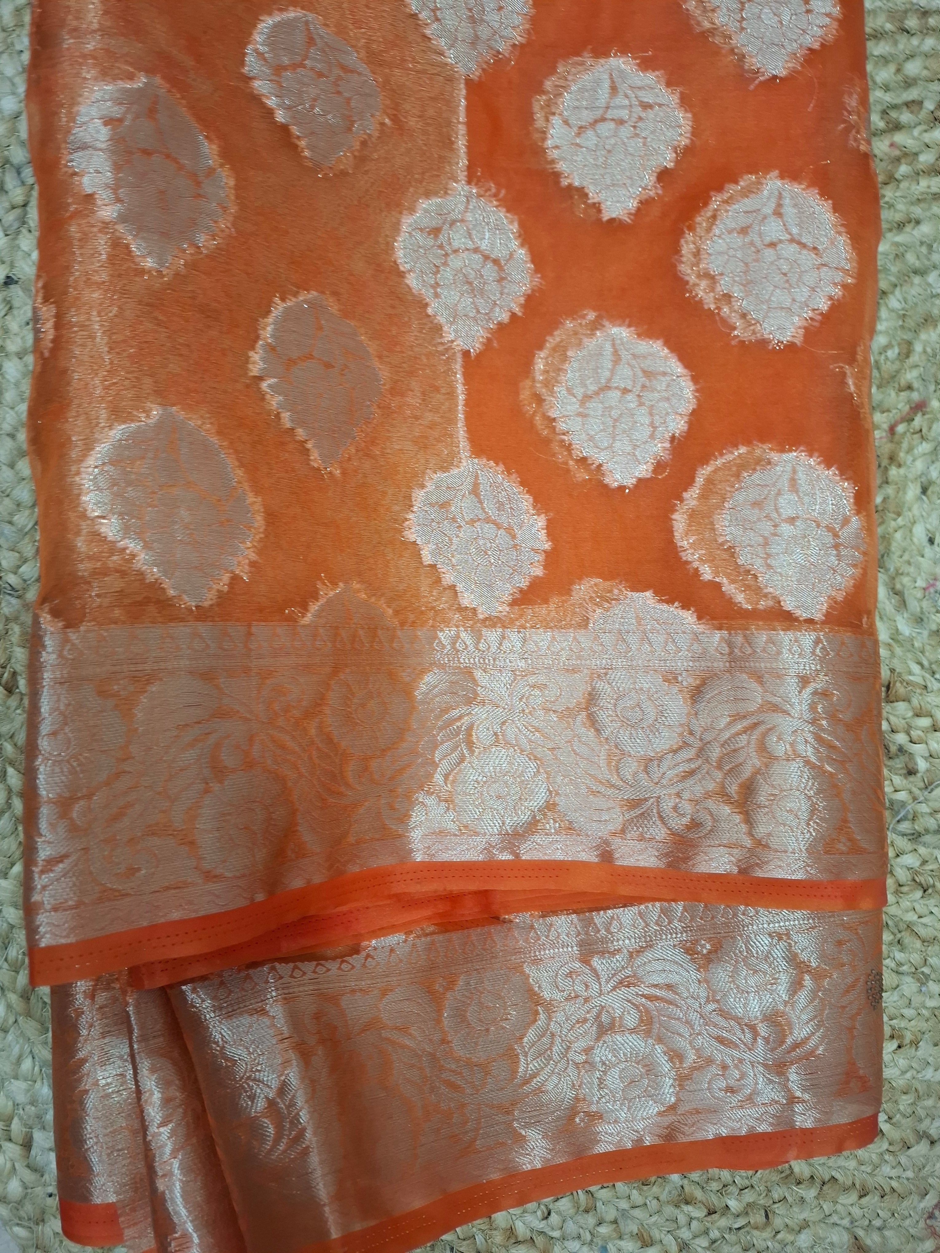 Orange Kora Banarasi Silk Saree