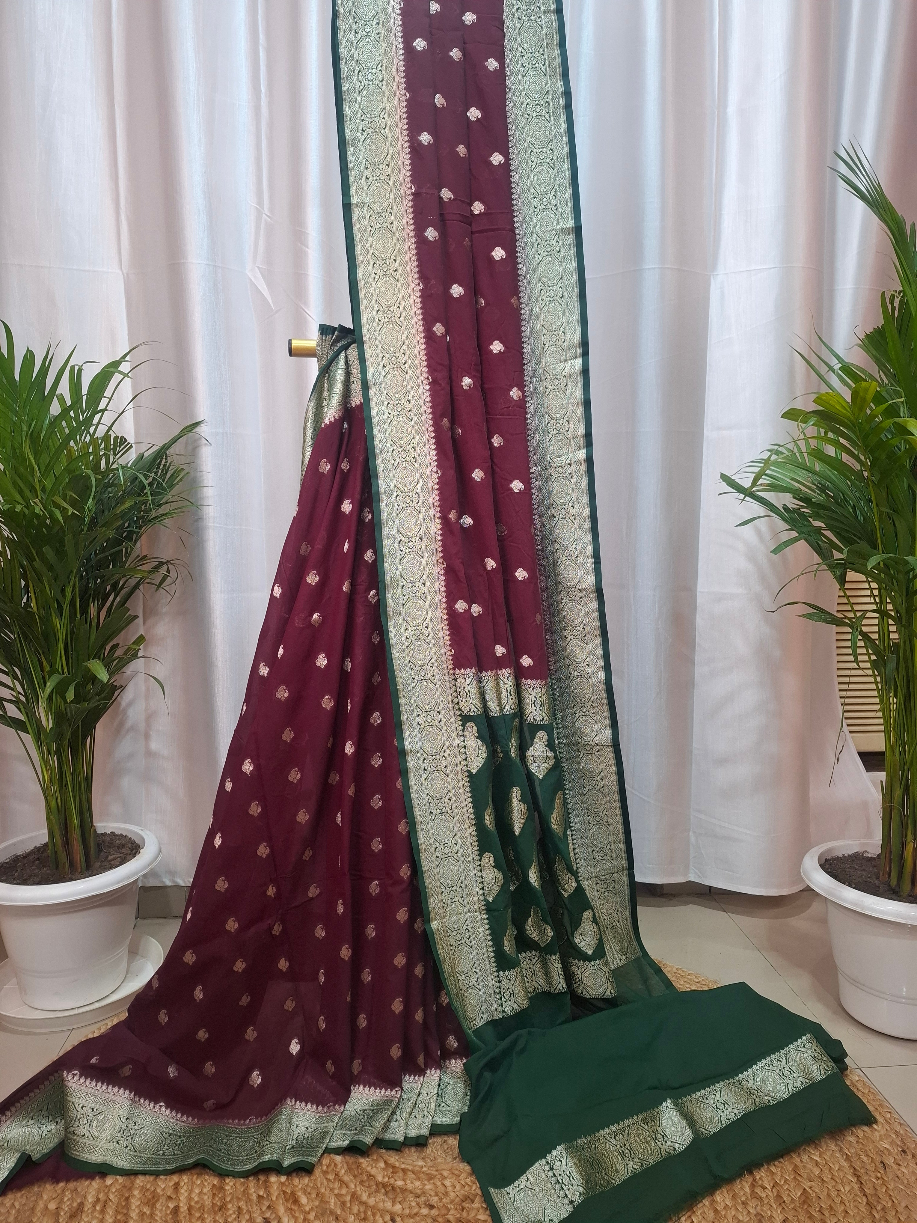 Wine-green Khaddi Georgette banarasi saree