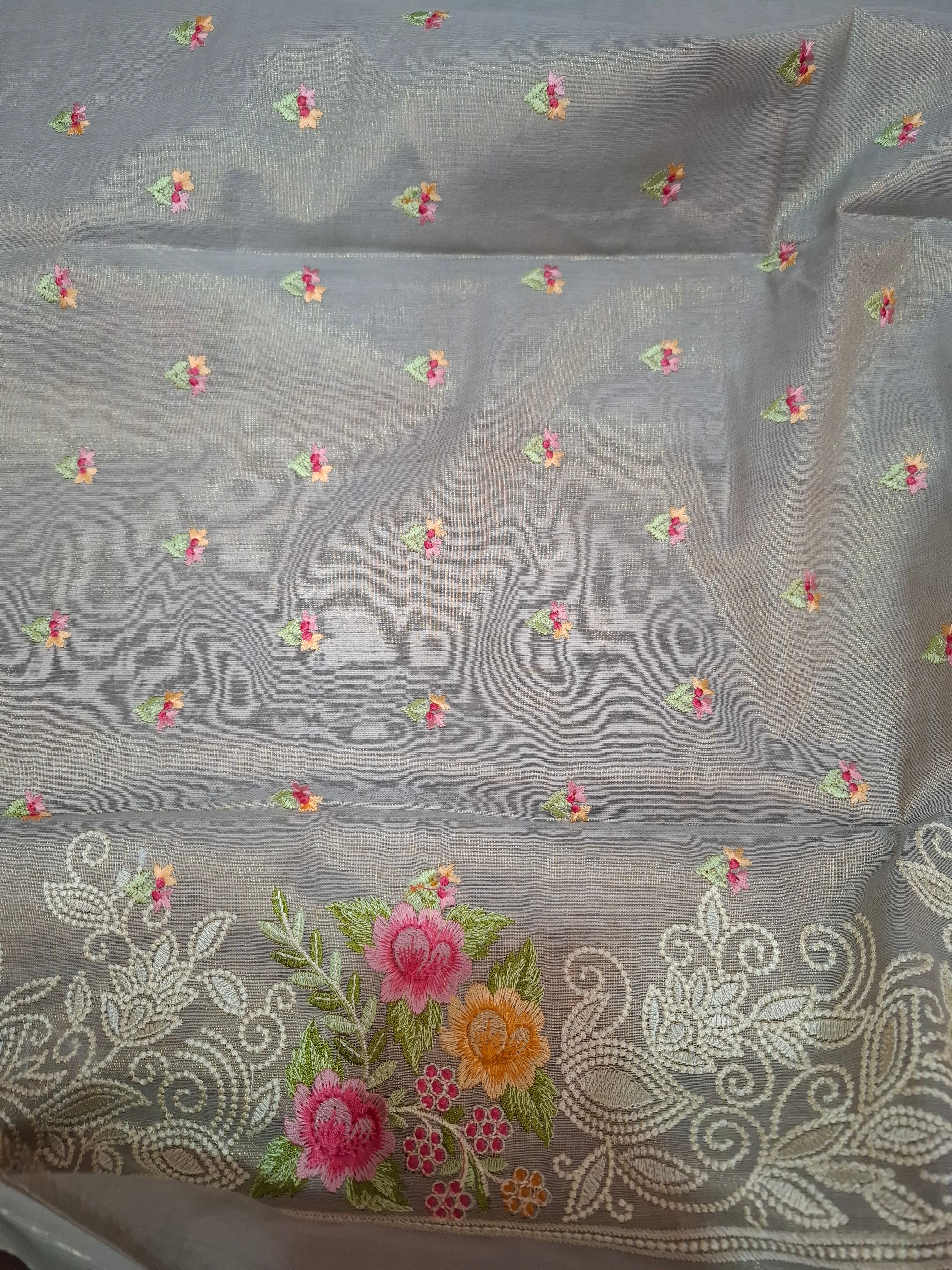 Grey Kora Tissue Banarasi silk embroidered saree