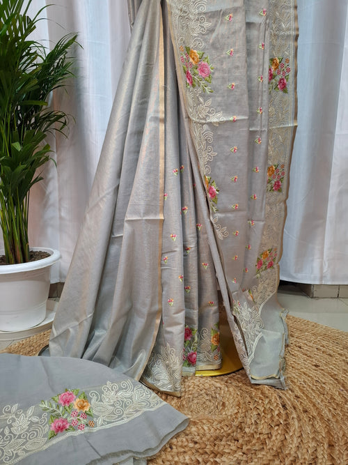 Grey Kora Tissue Banarasi silk embroidered saree