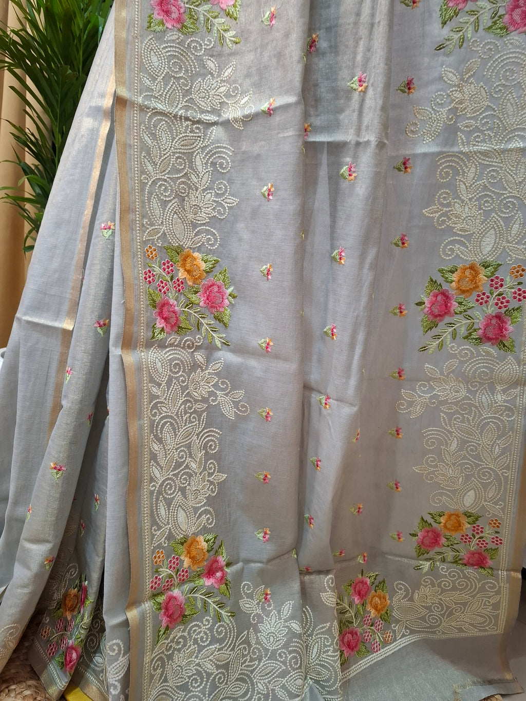 Grey Kora Tissue Banarasi silk embroidered saree