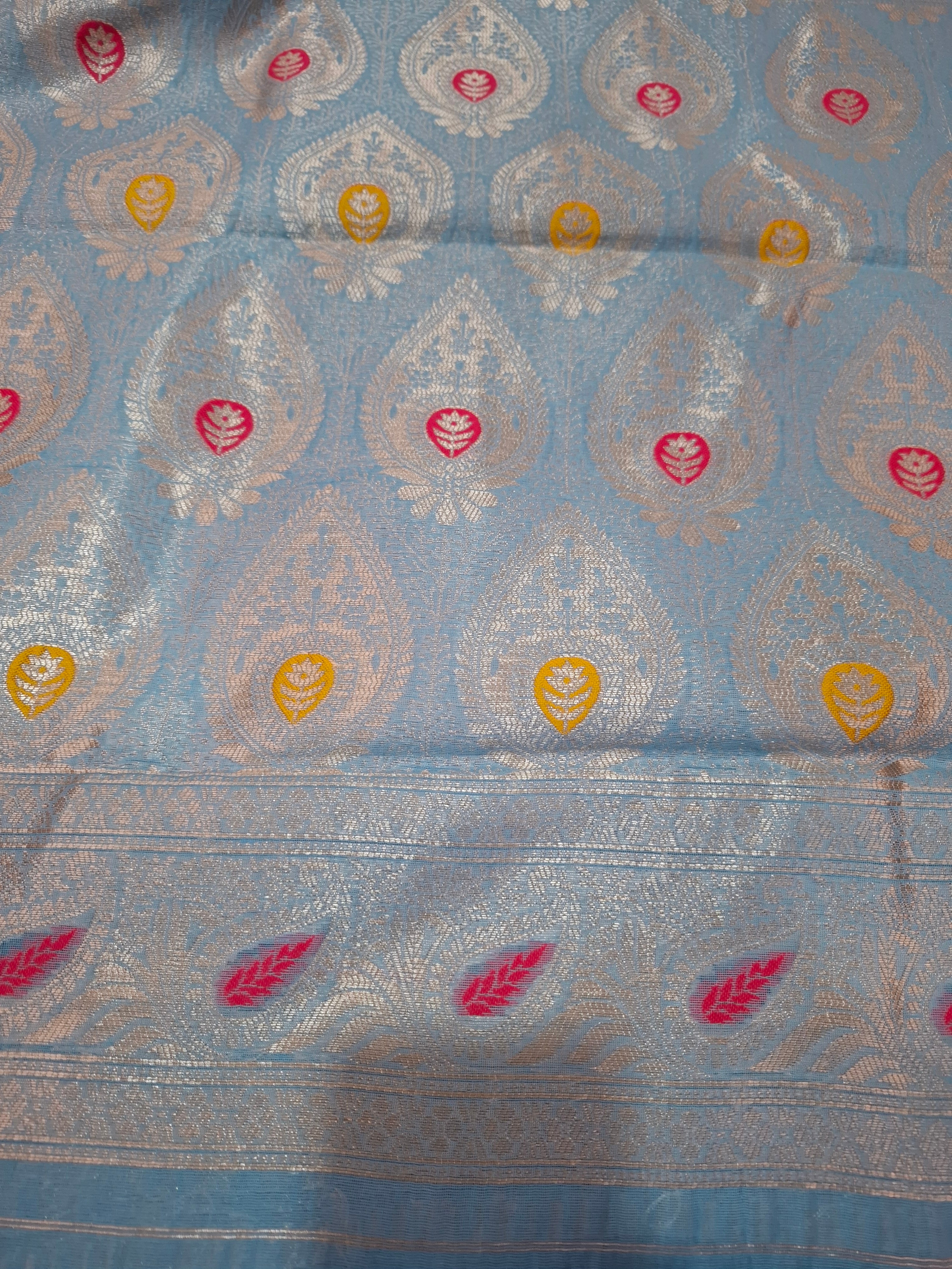 Sky Blue Banarasi cotton silk meenakari saree