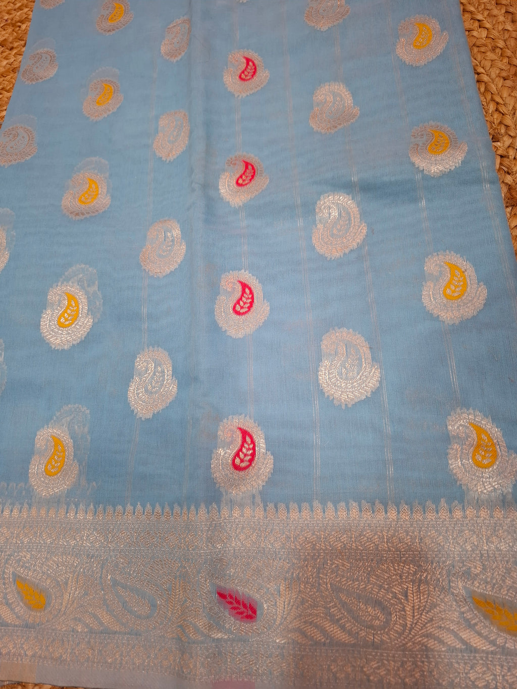 Sky Blue Banarasi cotton silk meenakari saree