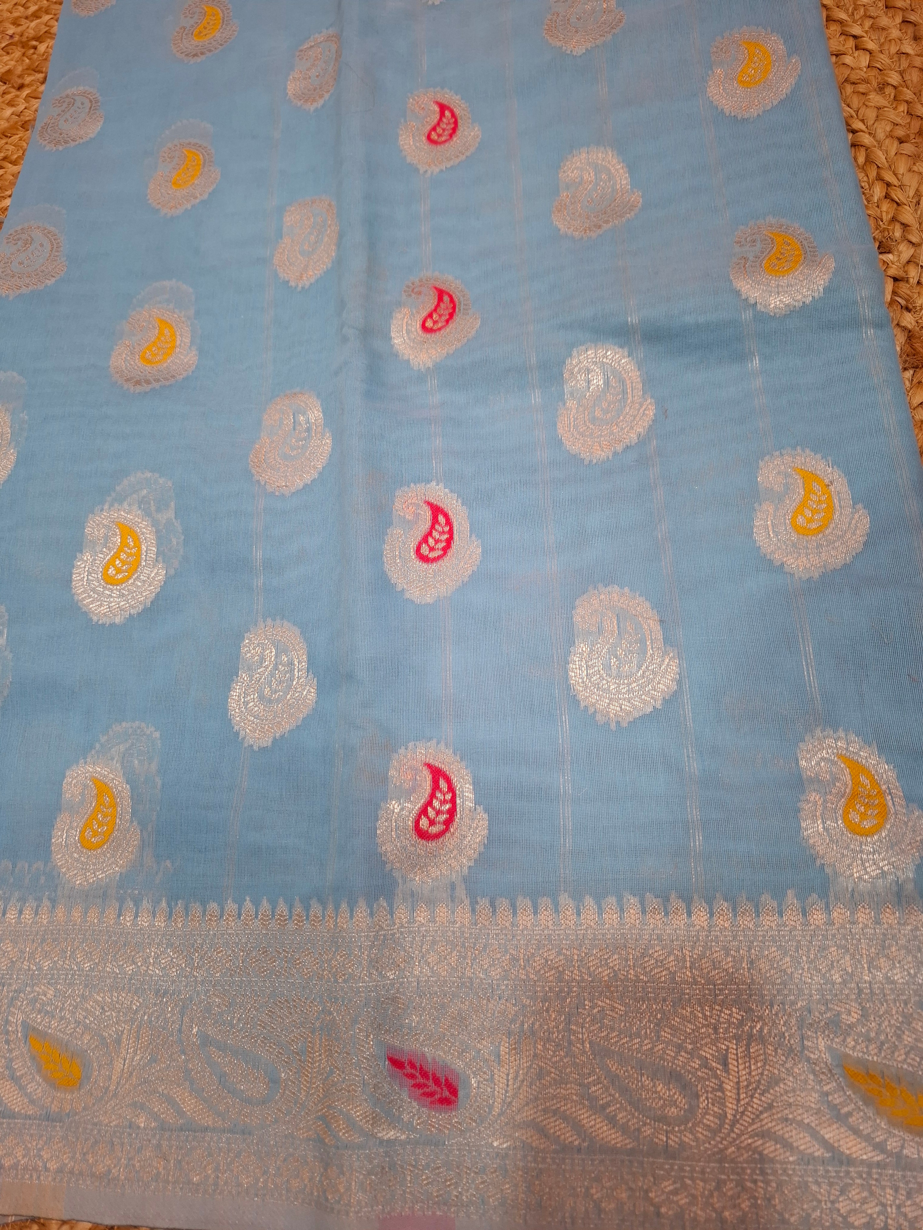 Sky Blue Banarasi cotton silk meenakari saree