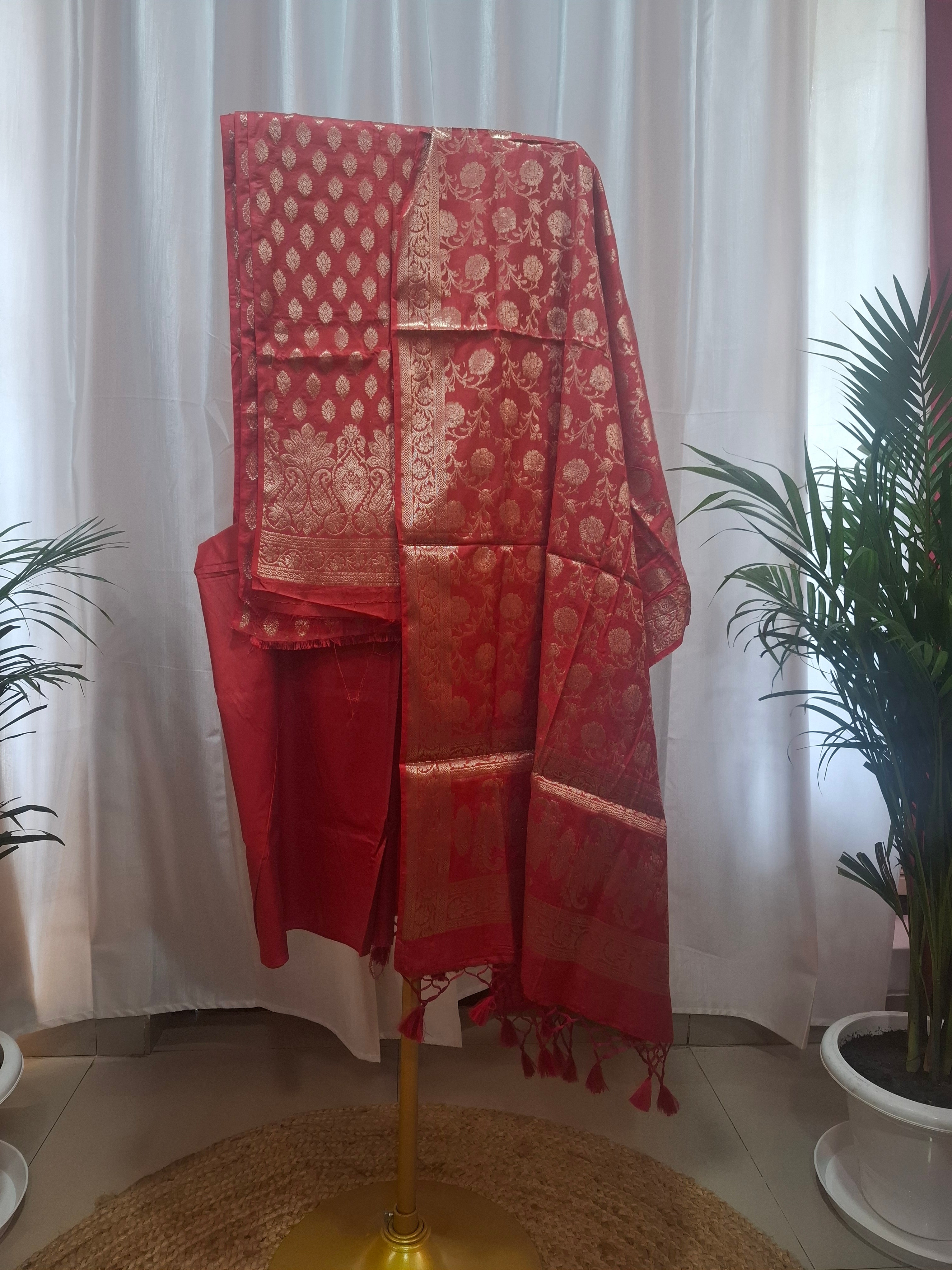 Red Banarasi premium katan dress material
