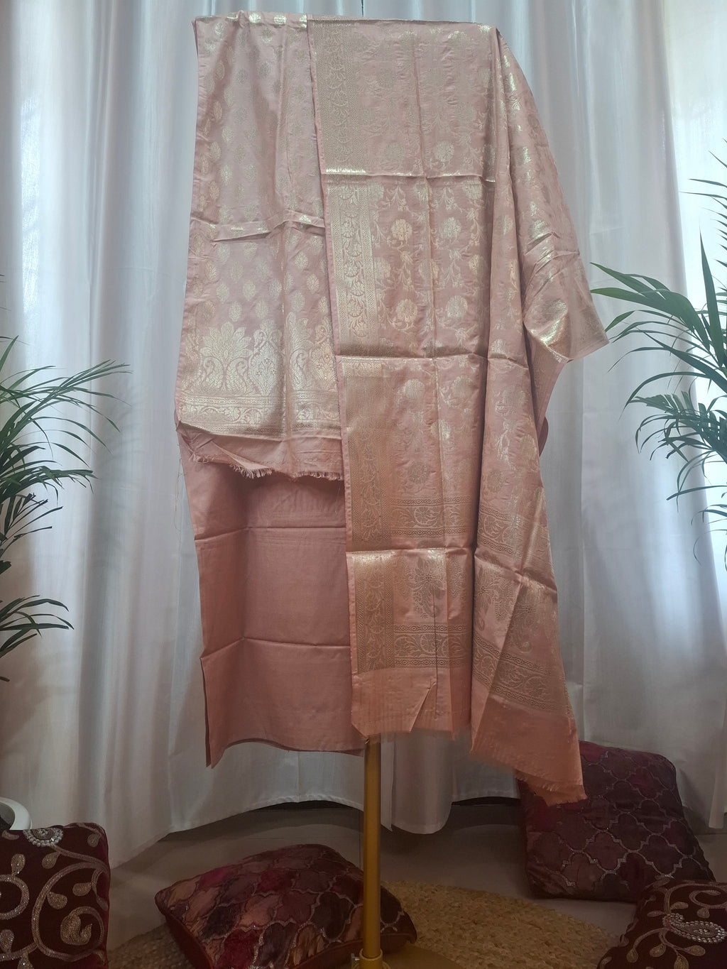 Peachish pink Banarasi silver zari dress material