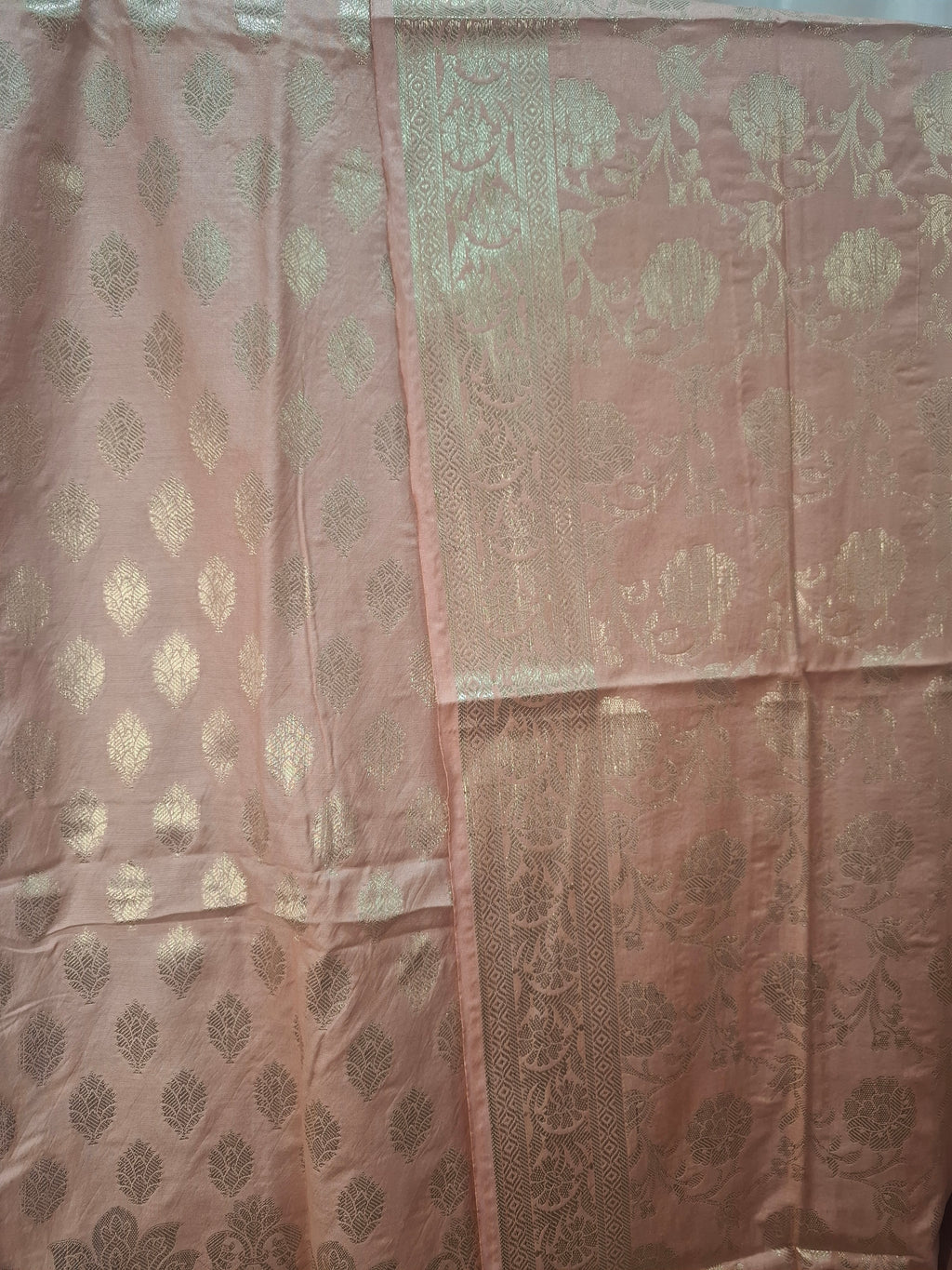 Peachish pink Banarasi silver zari dress material