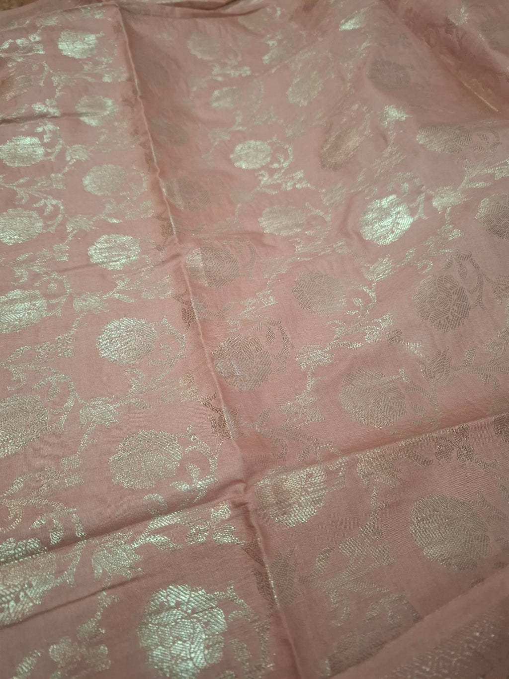 Peachish pink Banarasi silver zari dress material