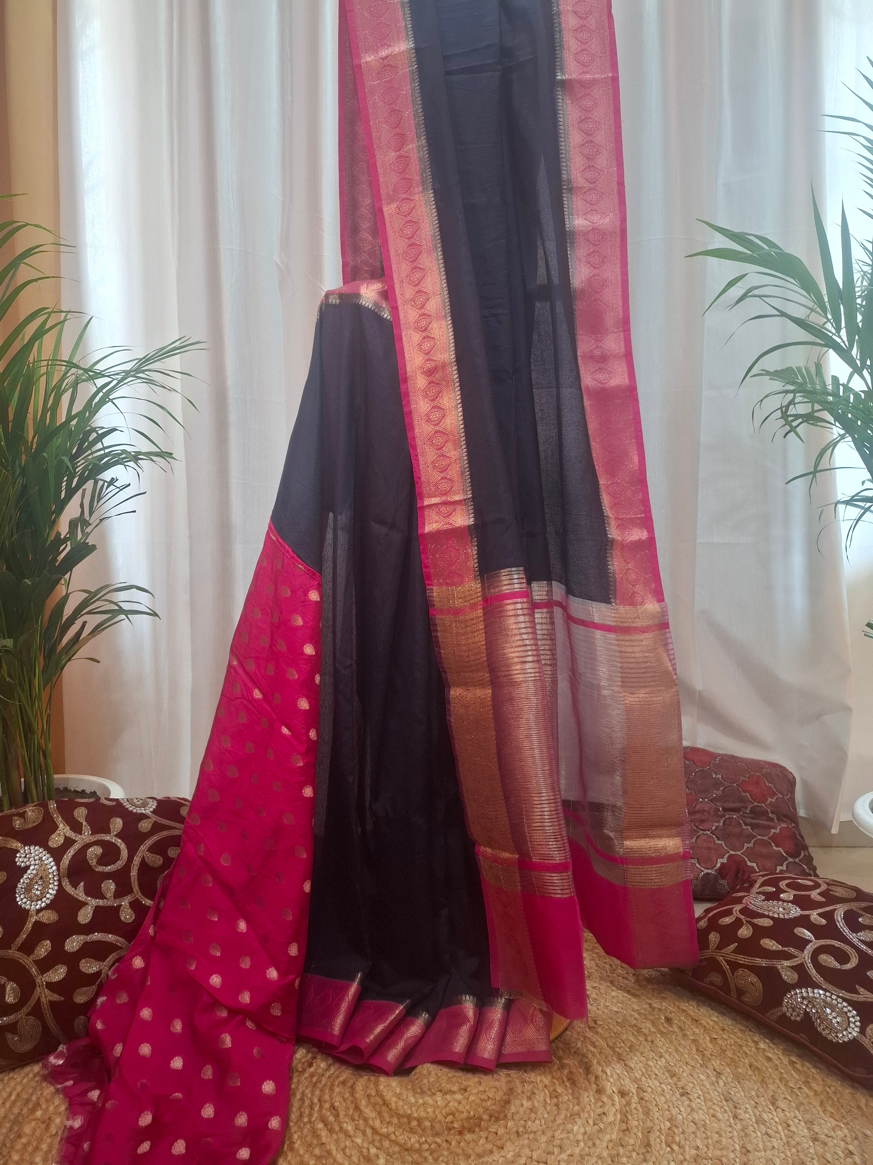 Navy Malmali banarasi silk contrast border