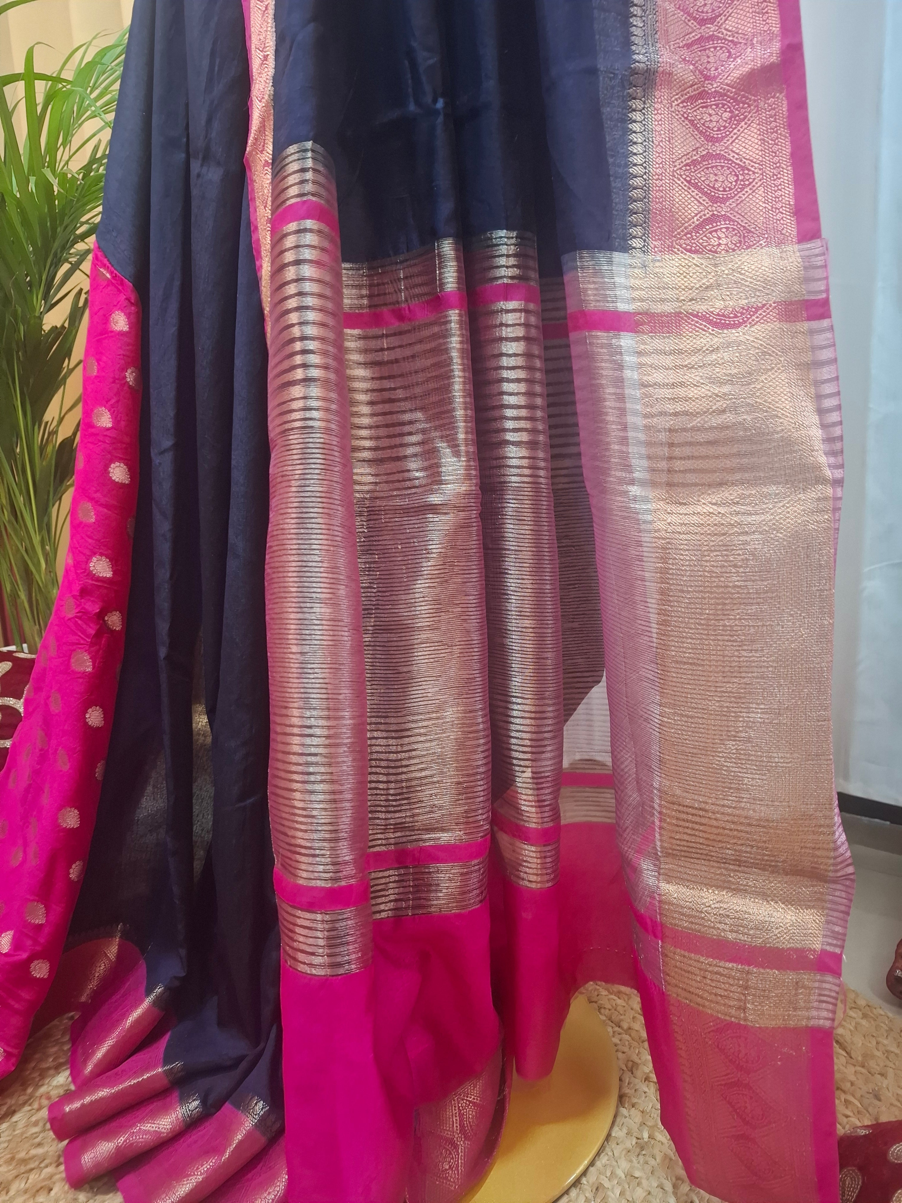 Navy Malmali banarasi silk contrast border