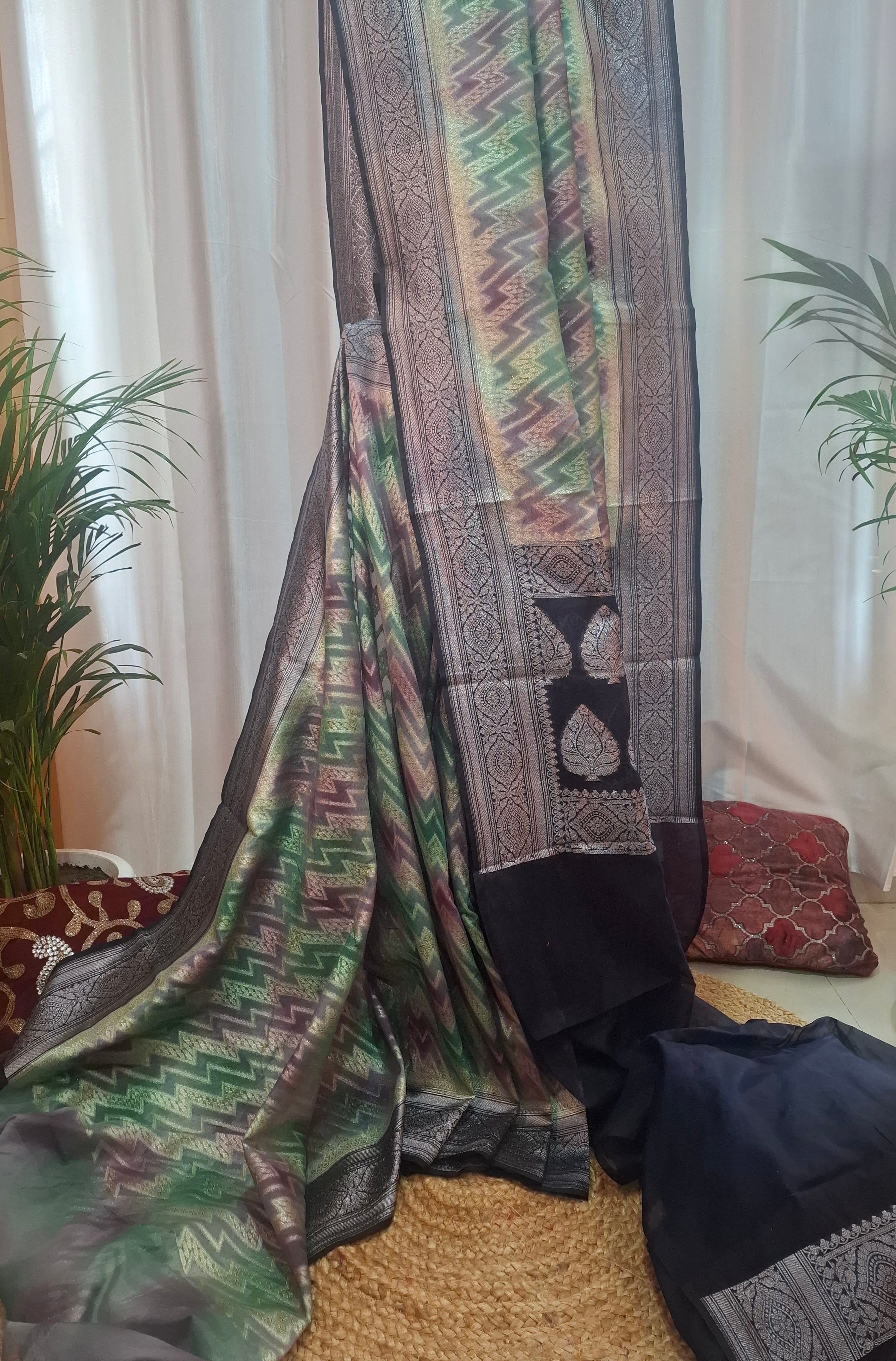 Shades of Green Kora Tissue silk jacquard weaving Banarasi saree