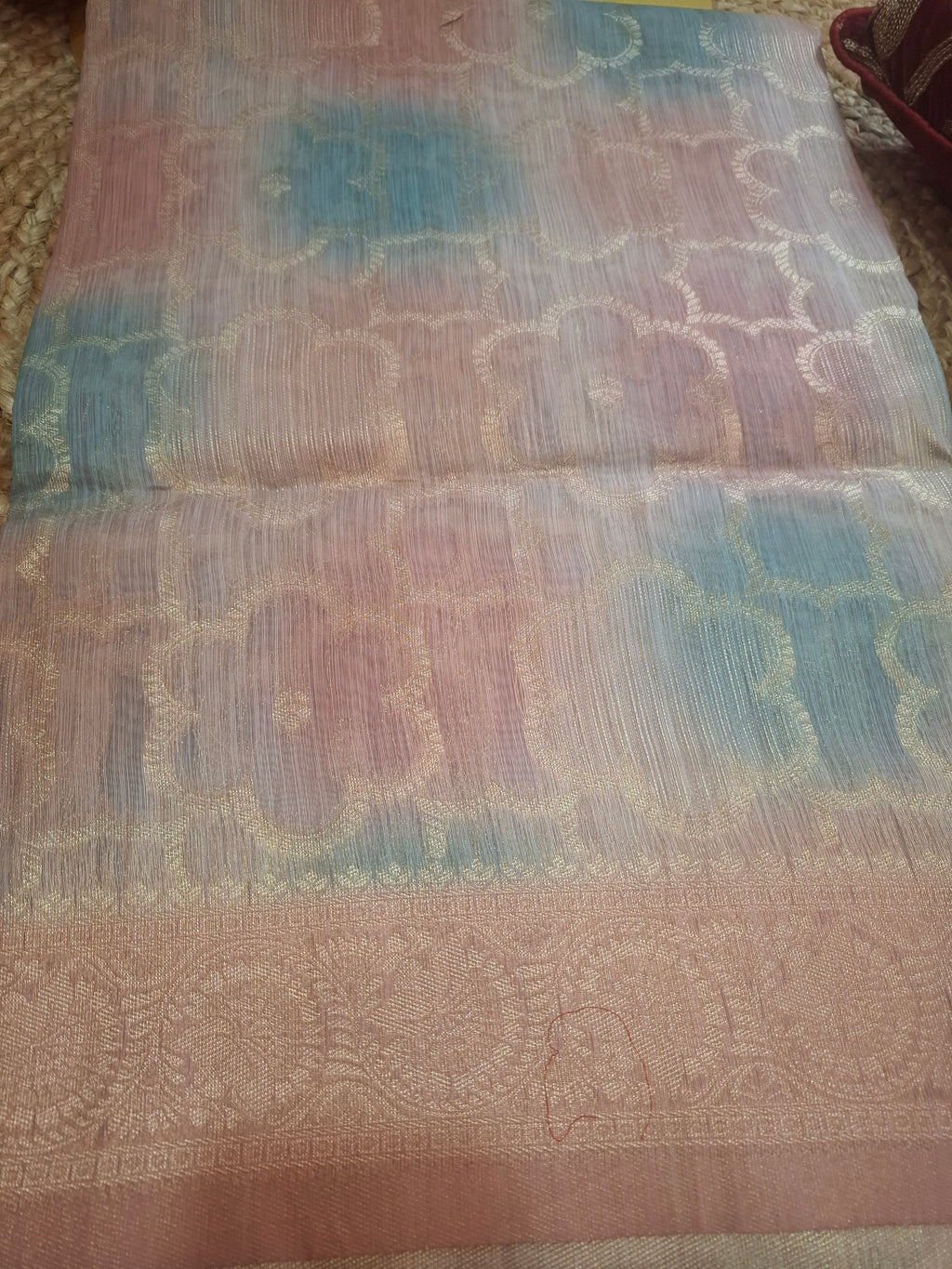 Peach blue Kora Tissue Banarasi Silk saree