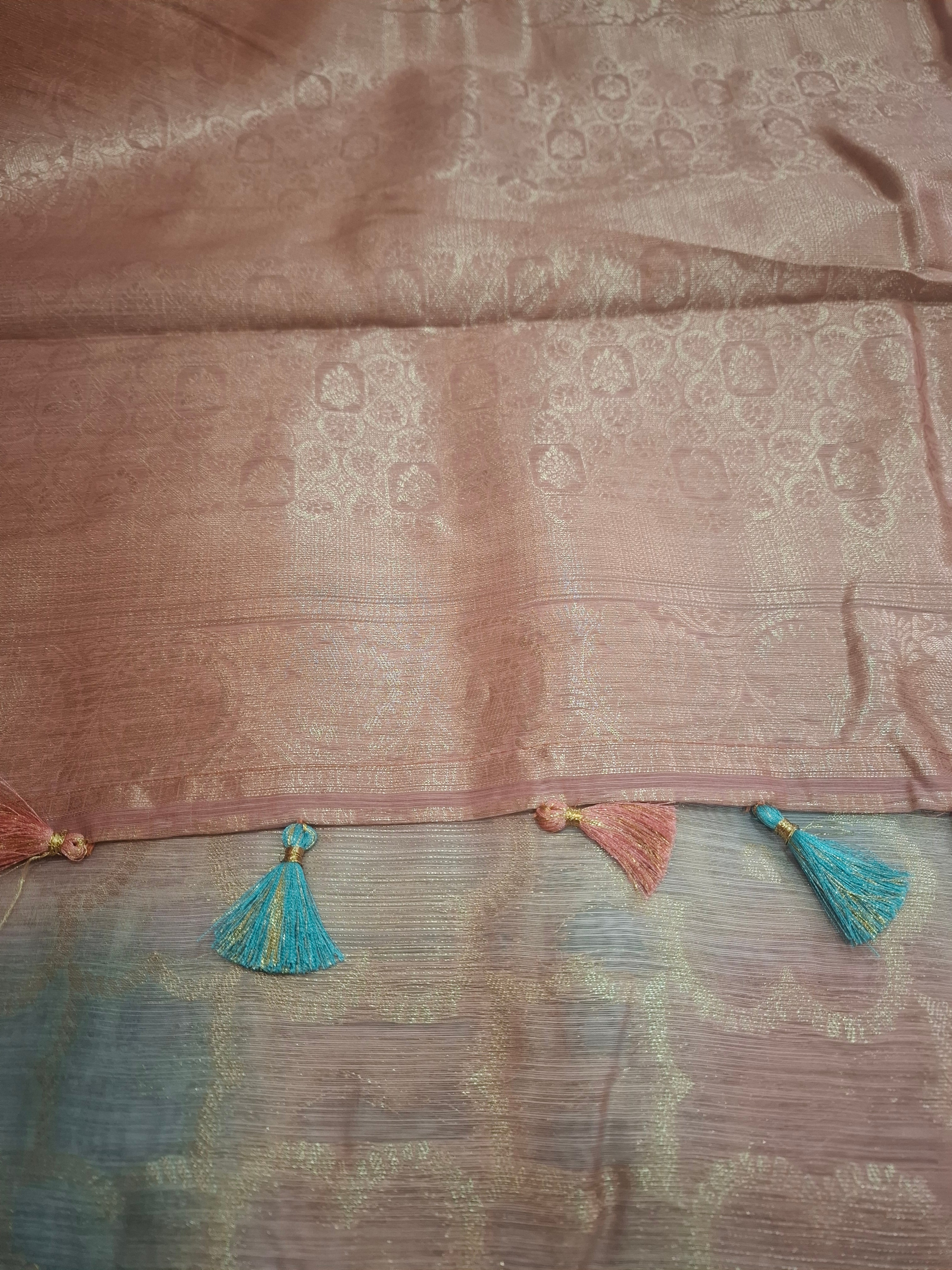 Peach blue Kora Tissue Banarasi Silk saree