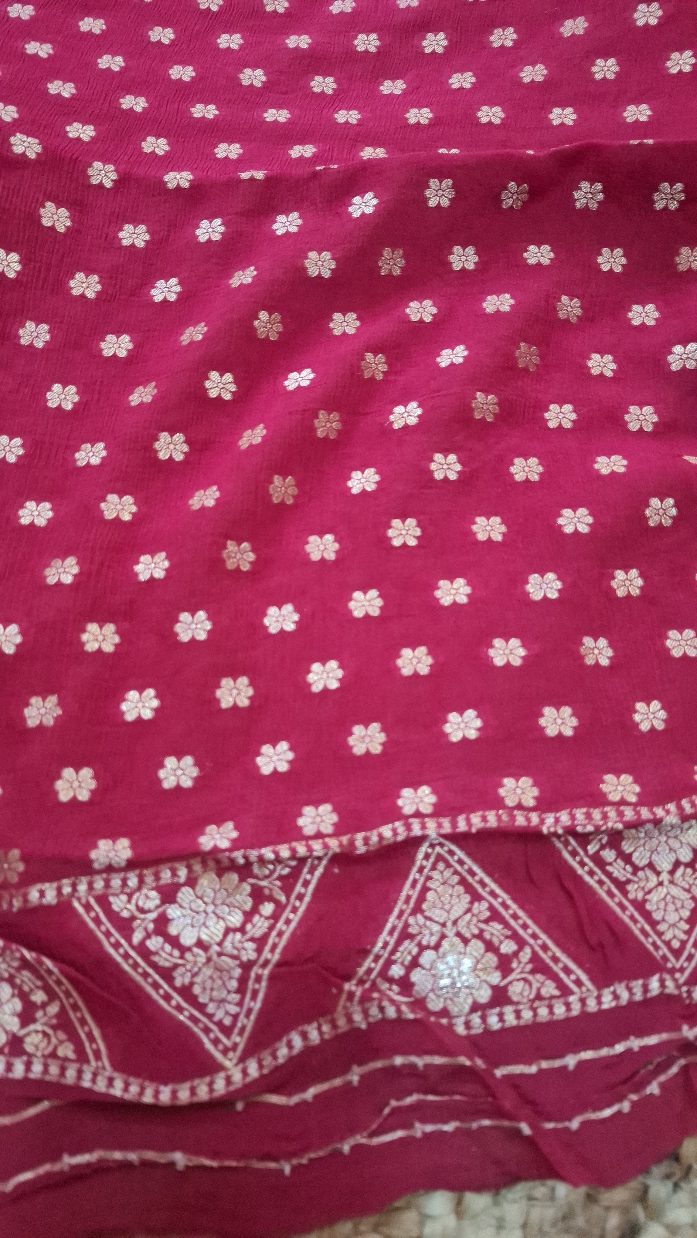 Deep red georgette Banarasi saree with zari flower and zari booti