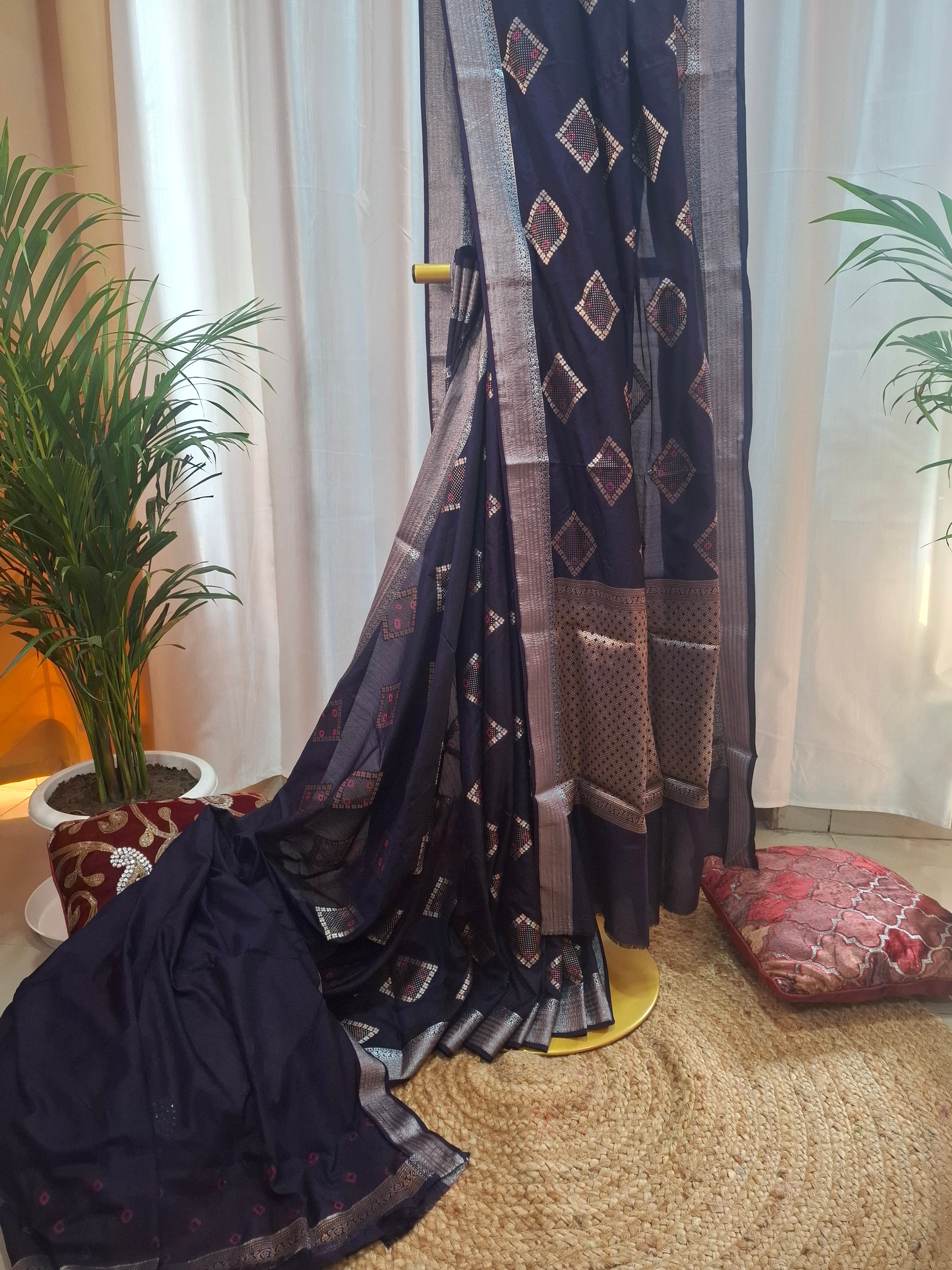 Navy blue silver zari bandhni design Banarasi silk saree